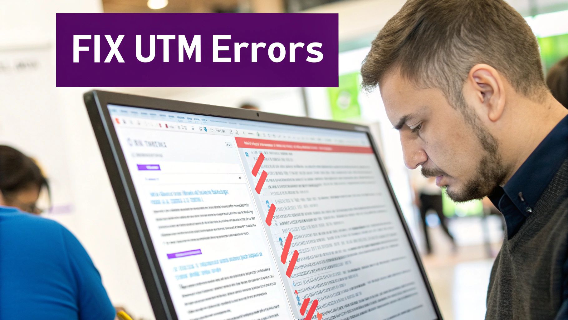 An analytics dashboard with messy, corrupted data and warning symbols, illustrating the consequences of UTM mistakes.
