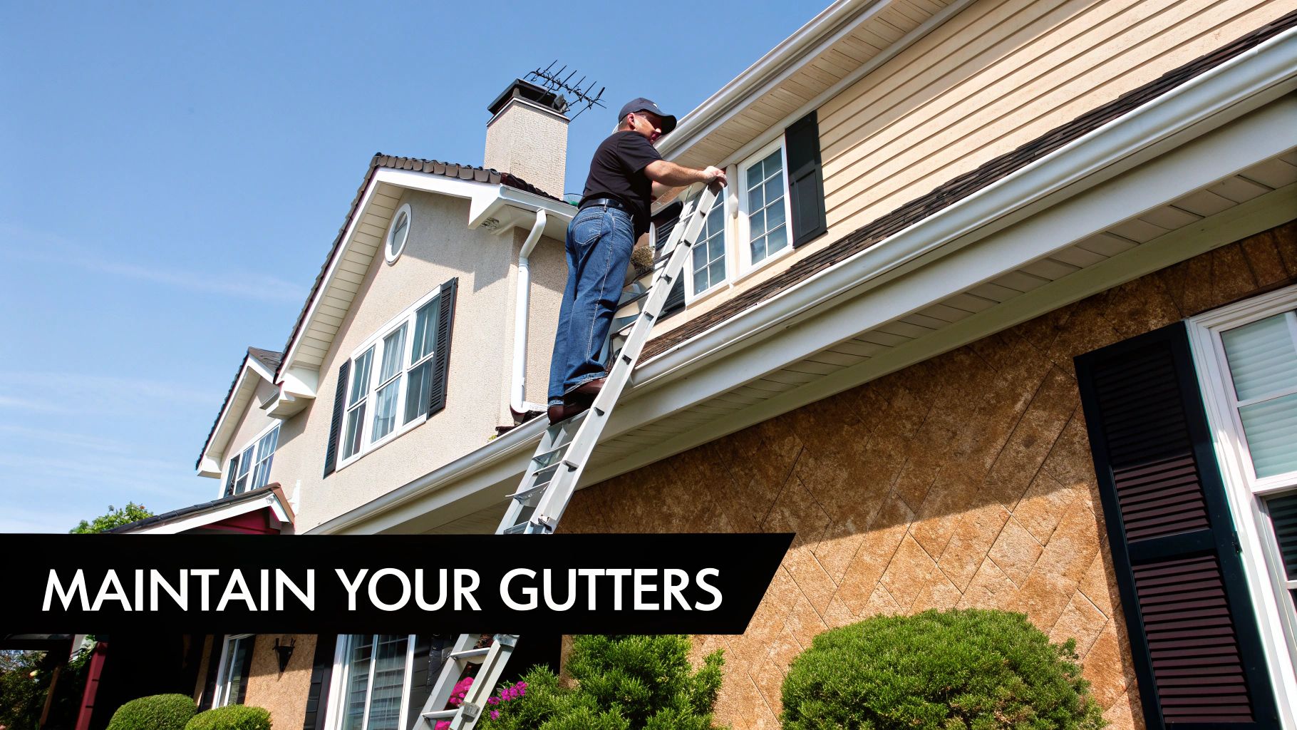 A man on a ladder working on the gutters of a two-story house under a blue sky.
