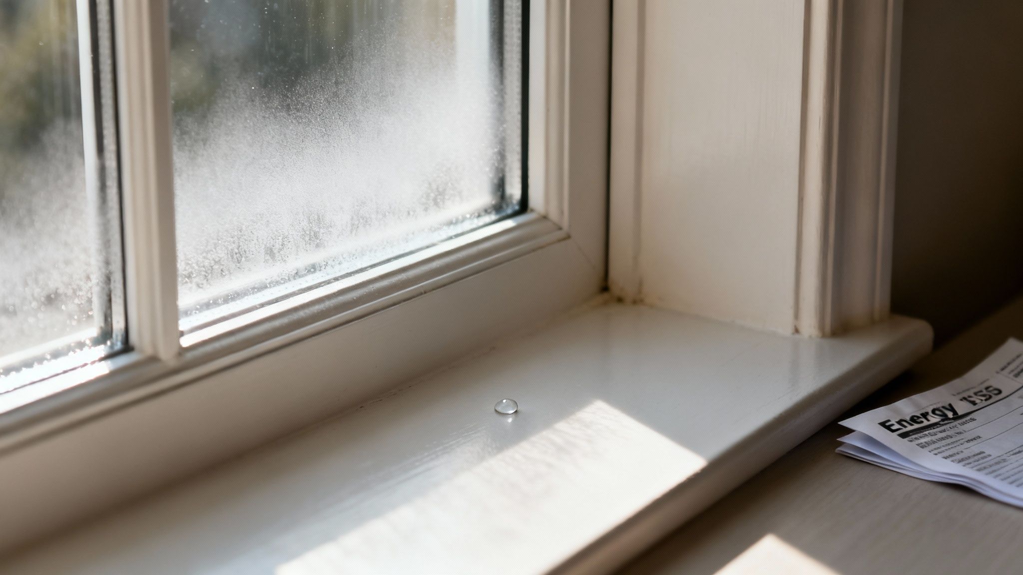 A clear water droplet rests on a white window sill, with a frosted window pane.