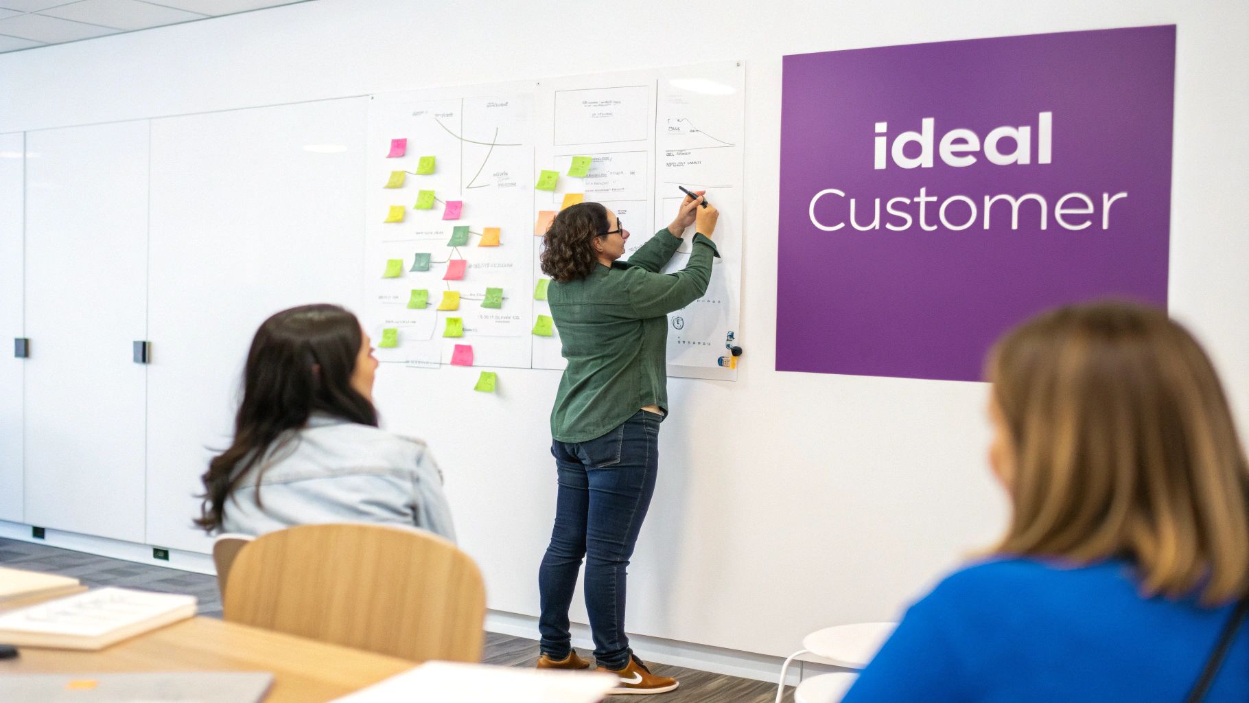 Three people in an office collaborating on a whiteboard labeled 'ideal Customer' with sticky notes.