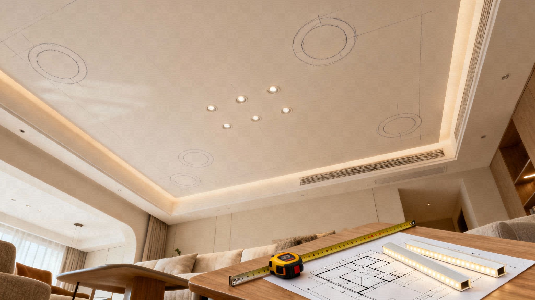 Home renovation scene: ceiling marked for recessed lights, blueprints, tape measure, and LED strips.