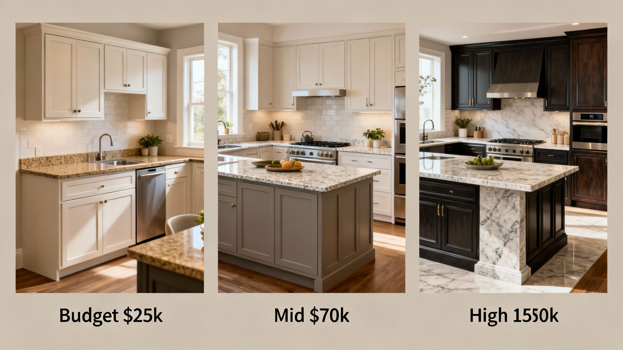 Three kitchen remodels side-by-side, showcasing budget, mid-range, and high-end options.