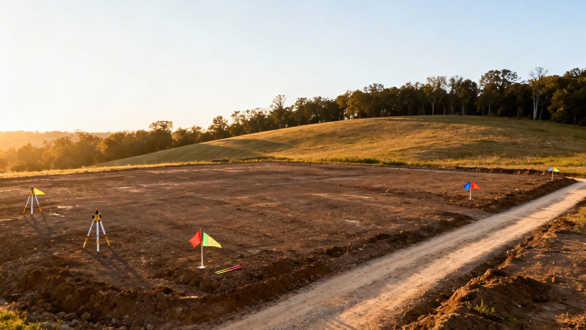 A prepared construction site with surveying equipment and colorful flags under a golden sunset.