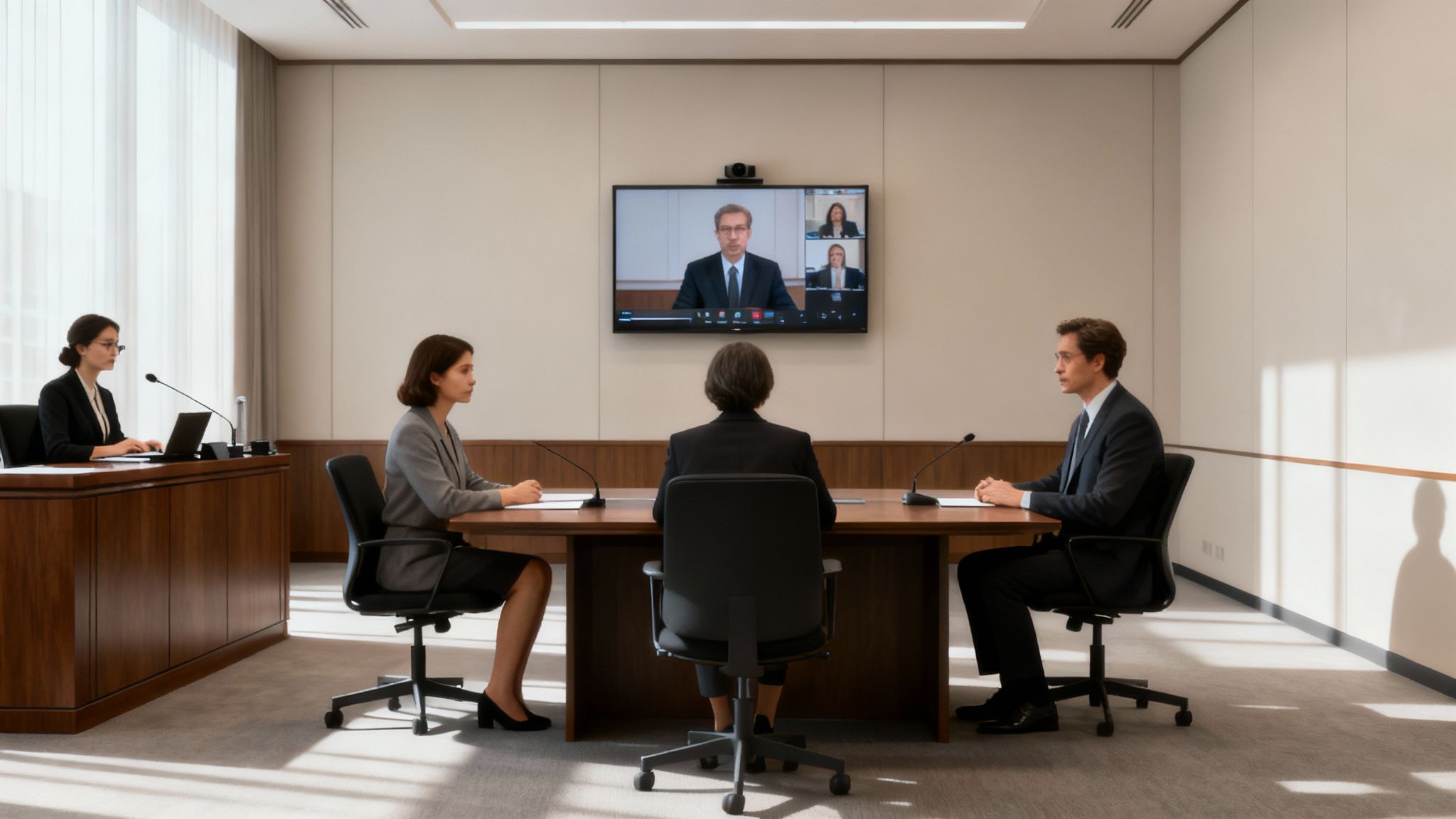 A legal team in a conference room preparing for a deposition