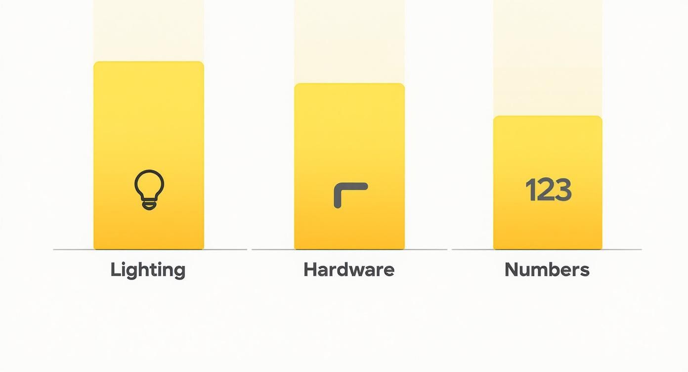 Infographic showing three yellow bars with icons for lighting, hardware, and numbers.