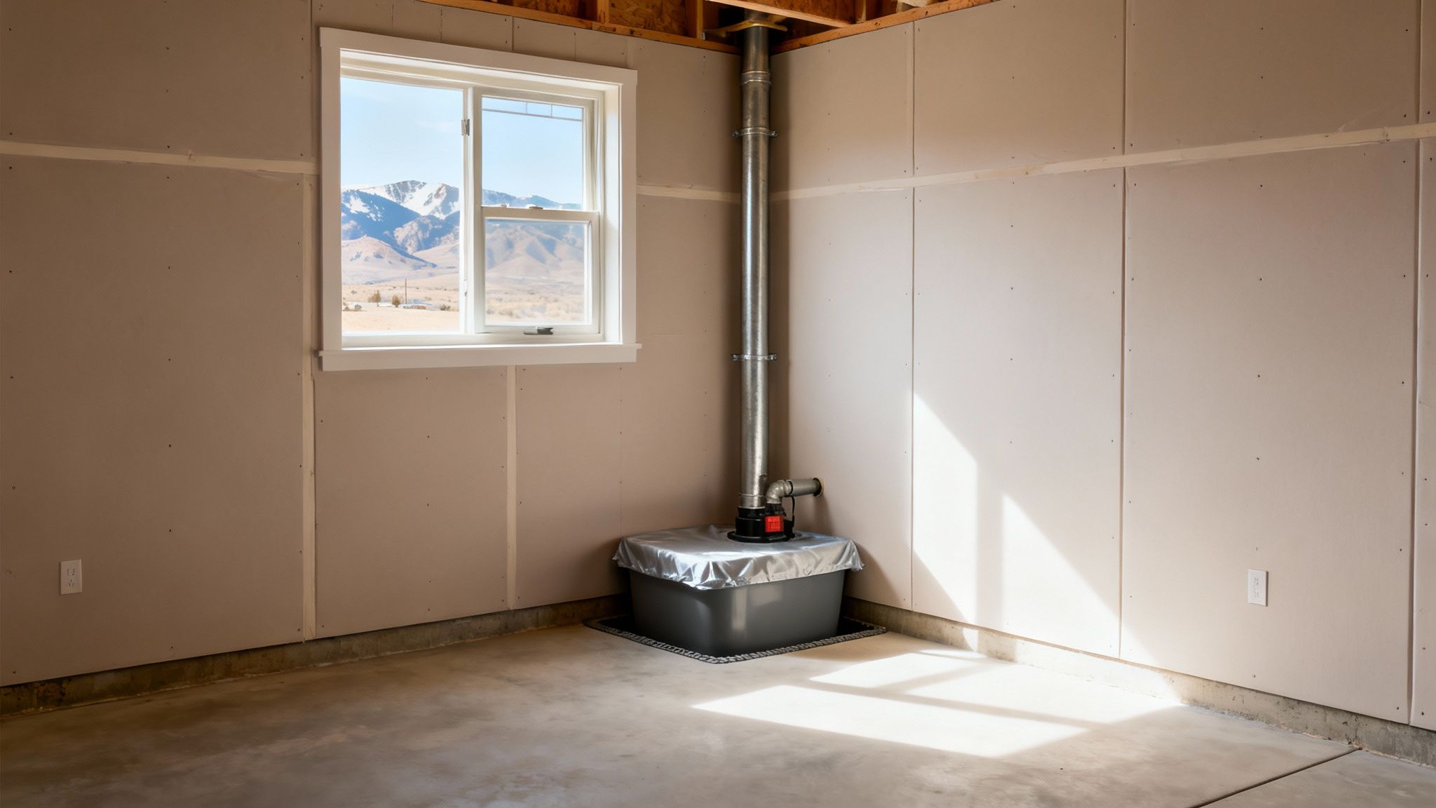 An unfinished basement room with drywall walls, a window, and a corner sump pump system.