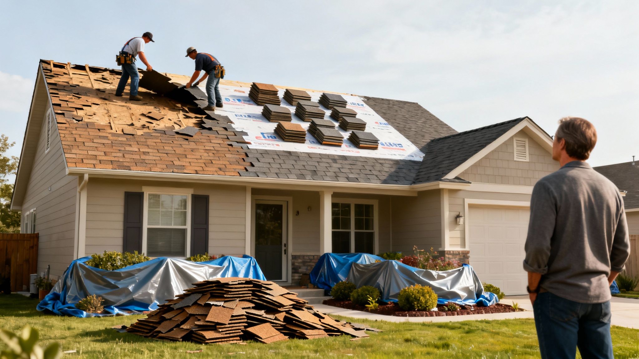 Two roofers replace old shingles with new ones on a house while a man watches.