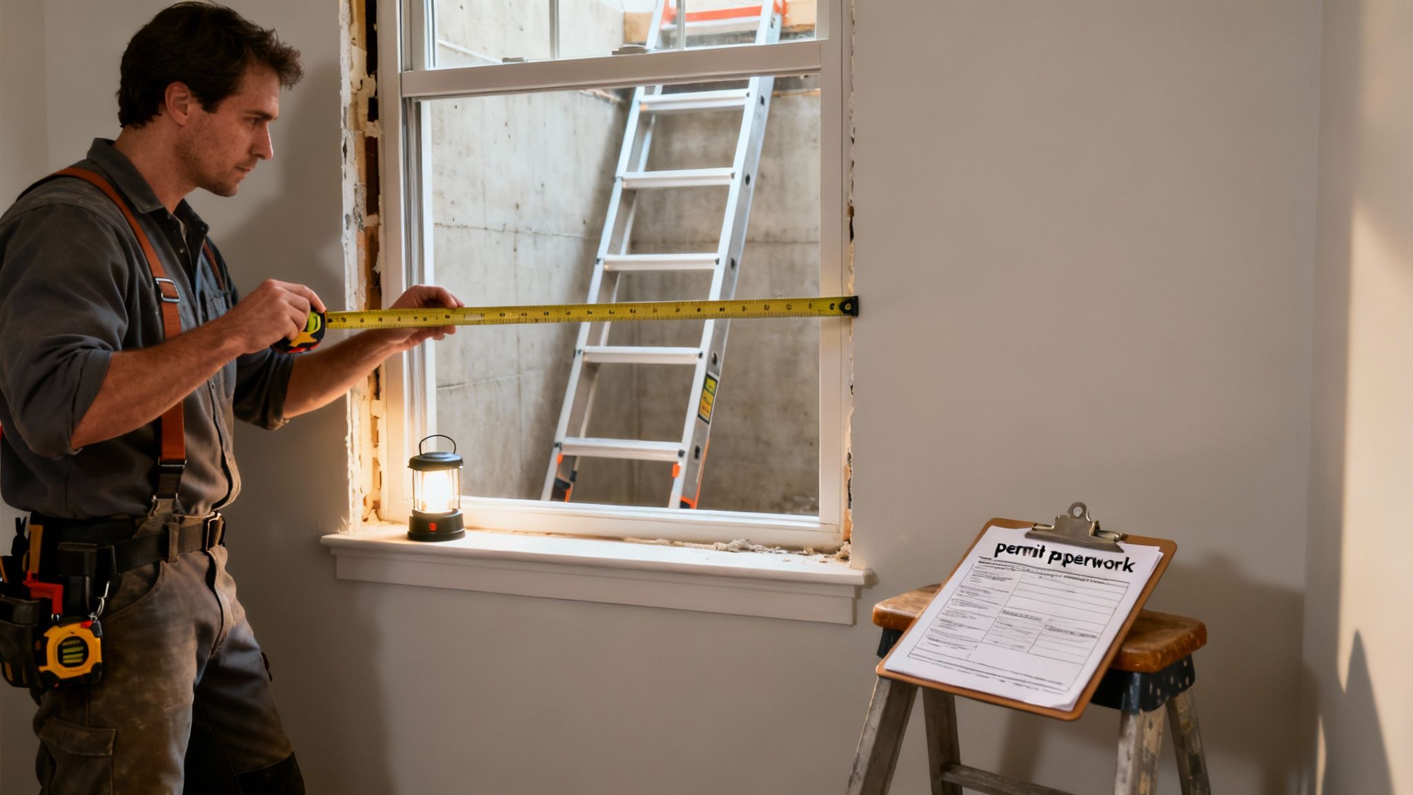 A contractor measures a basement window frame with a tape measure, preparing for renovations.
