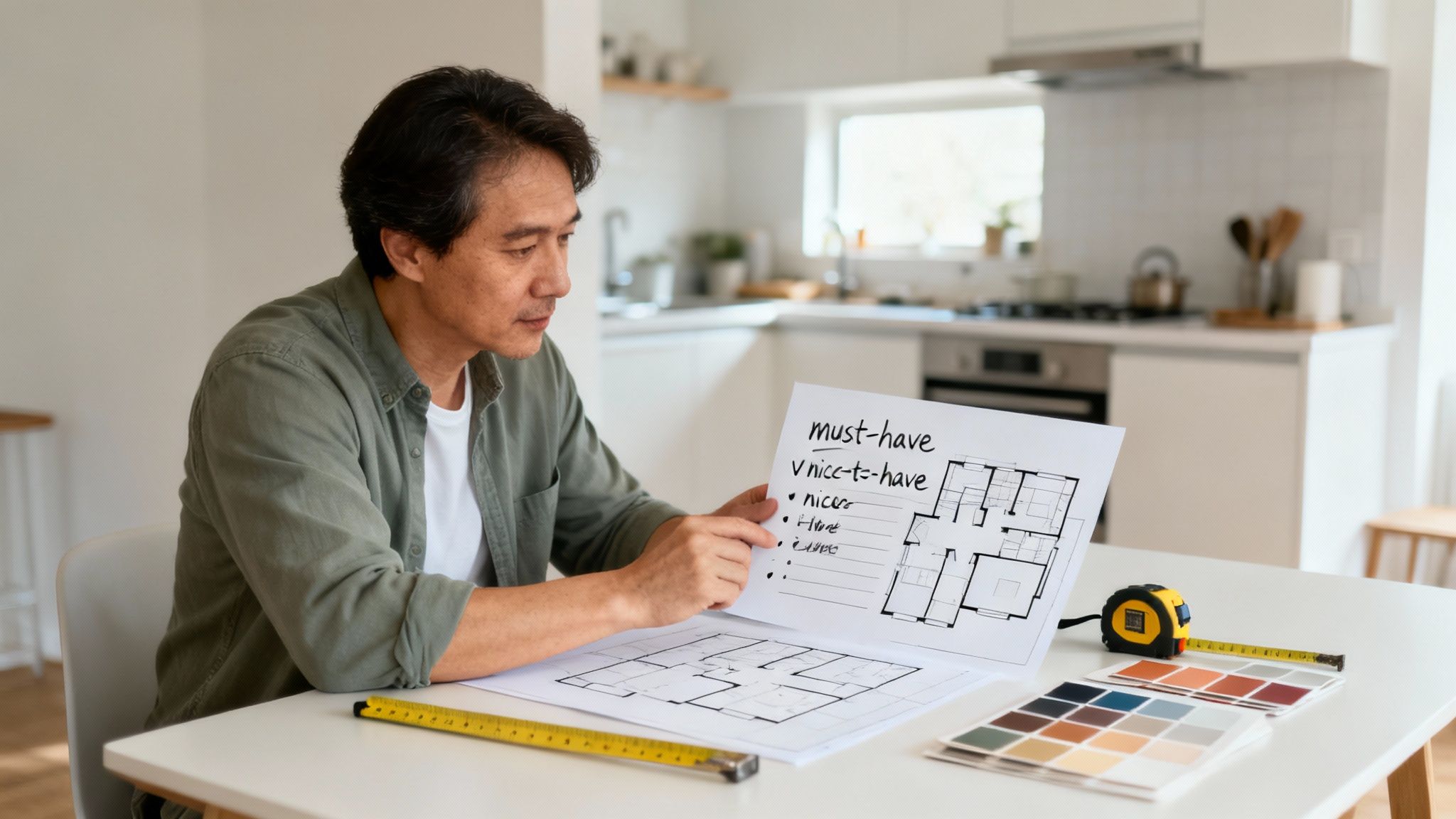 An Asian man reviews home renovation plans, a 'must-have' list, and color samples for a kitchen.
