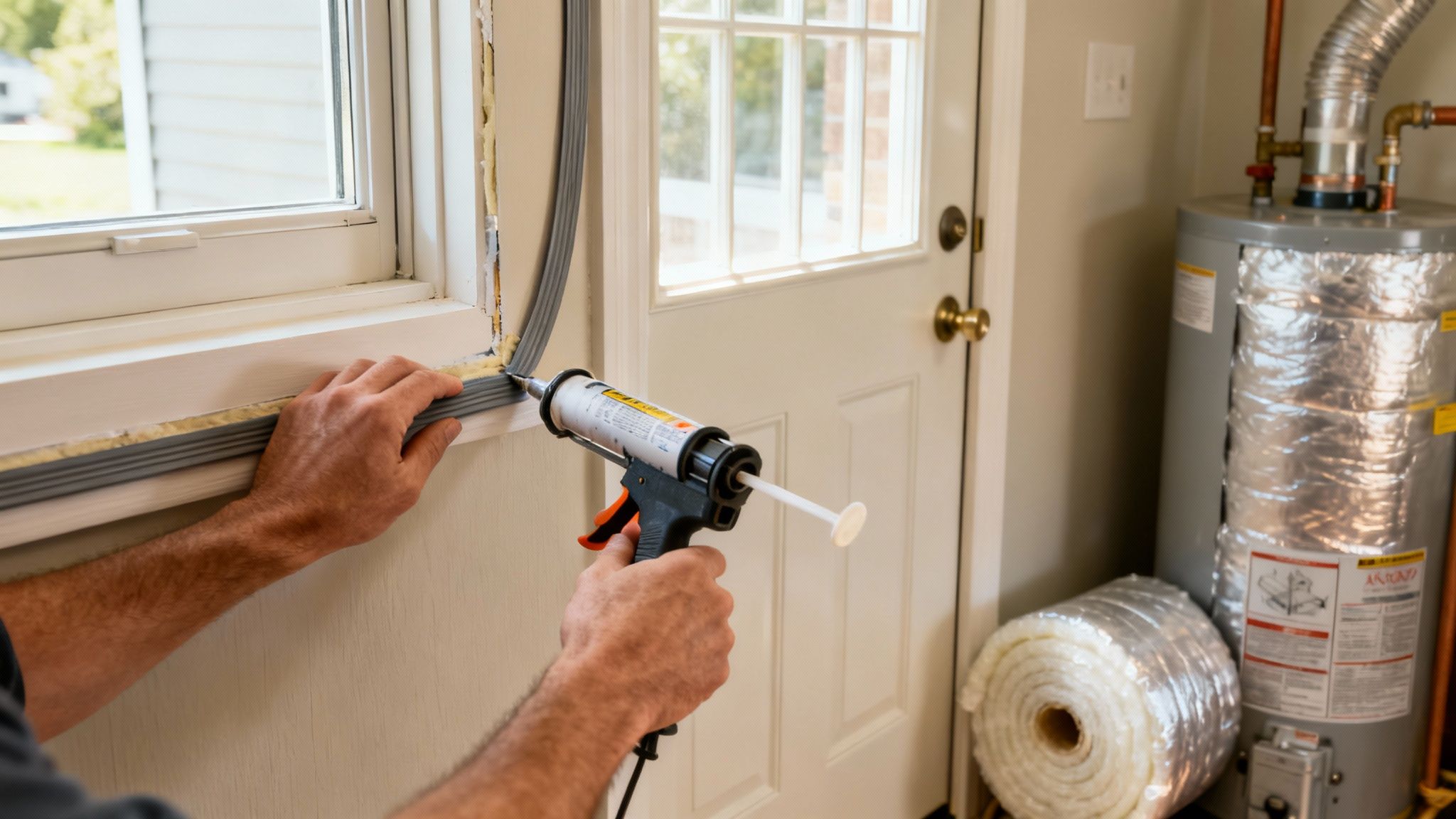 Close-up of a person caulking a window to seal gaps and improve home energy efficiency.