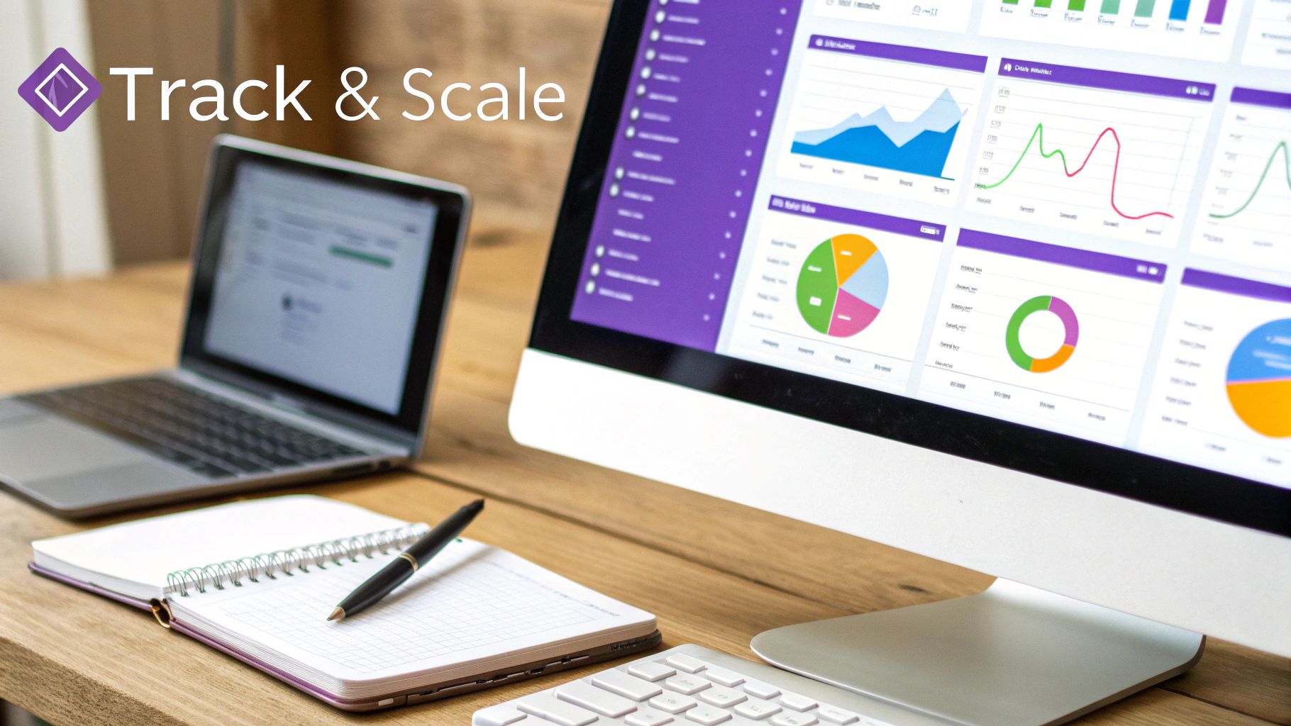 A desk setup with a laptop, large monitor displaying various data dashboards, and an open notebook.