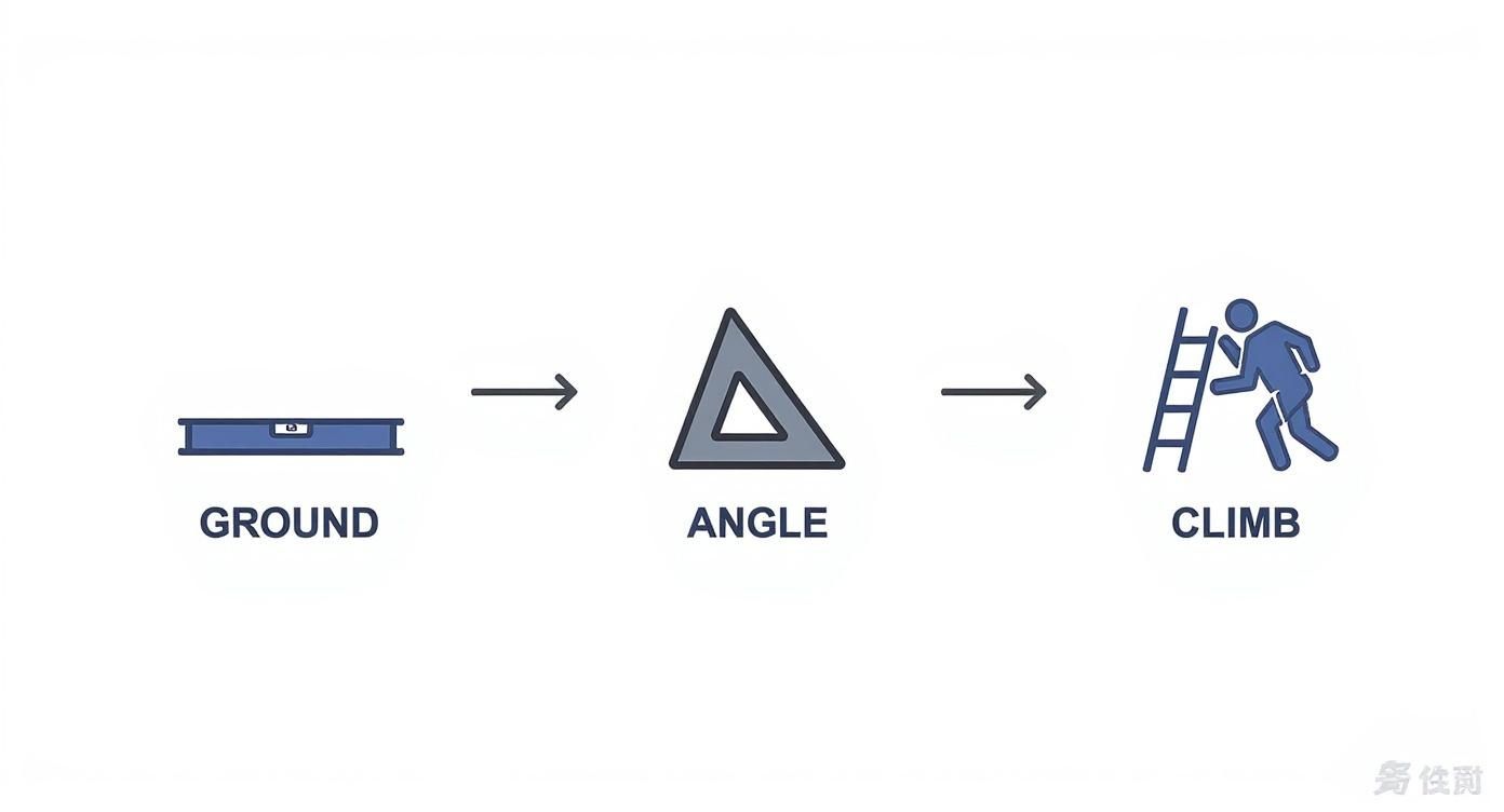 Visual diagram showing progression from ground level to angle measurement to climbing ladder safely