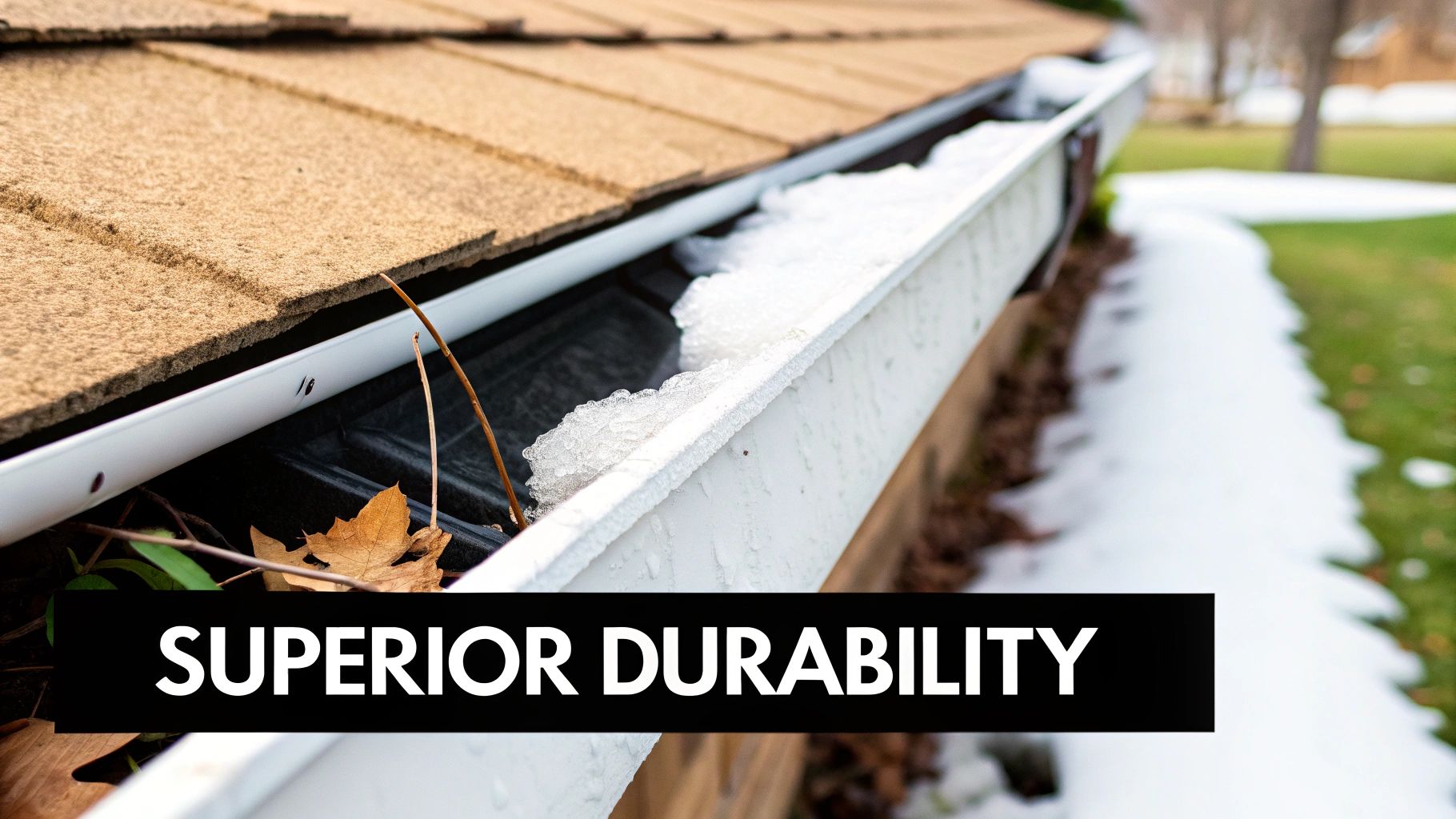 A close-up of a white house gutter filled with snow, ice, and autumn leaves, demonstrating durability.