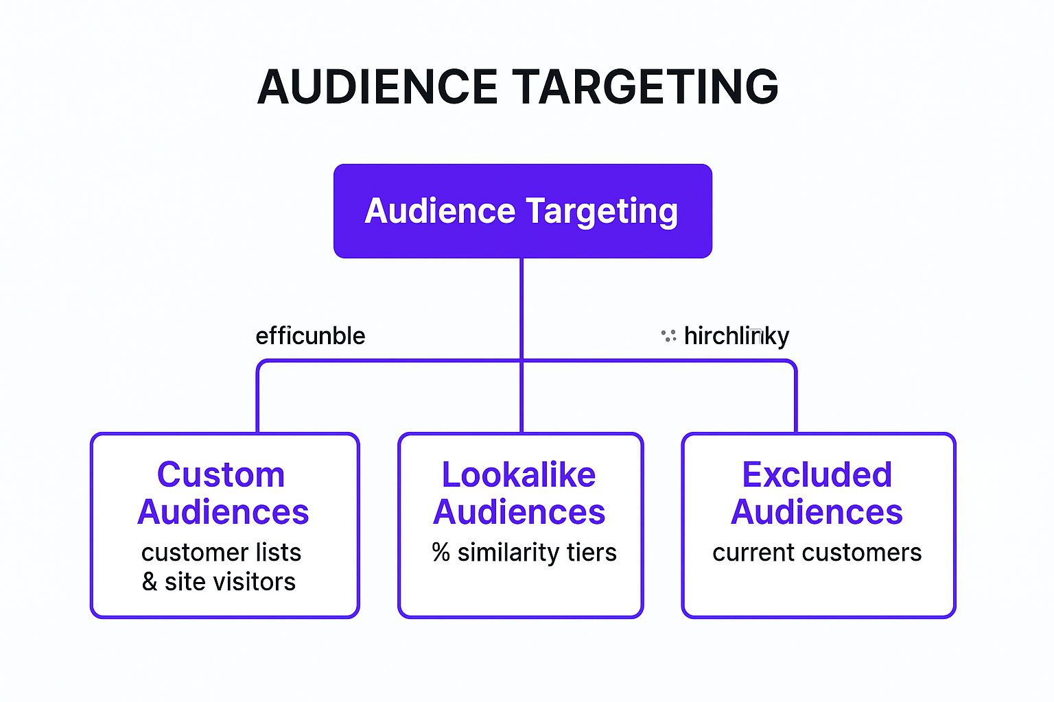 Infographic showing a concept map for Audience Targeting, with branches to Custom, Lookalike, and Excluded Audiences.
