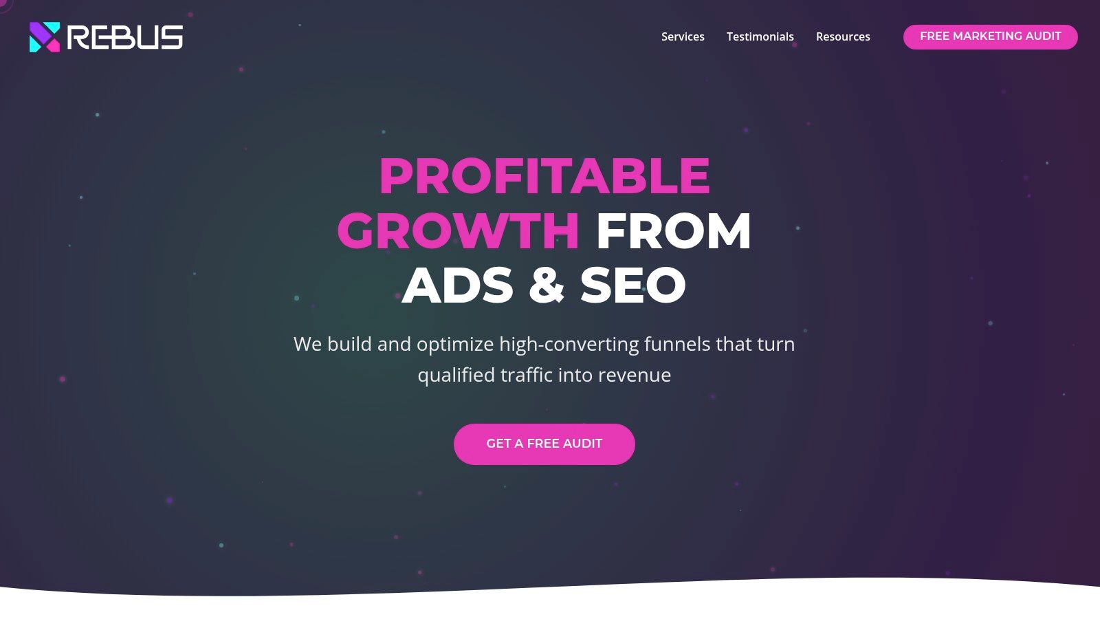 Rebus homepage showcasing its lead generation services