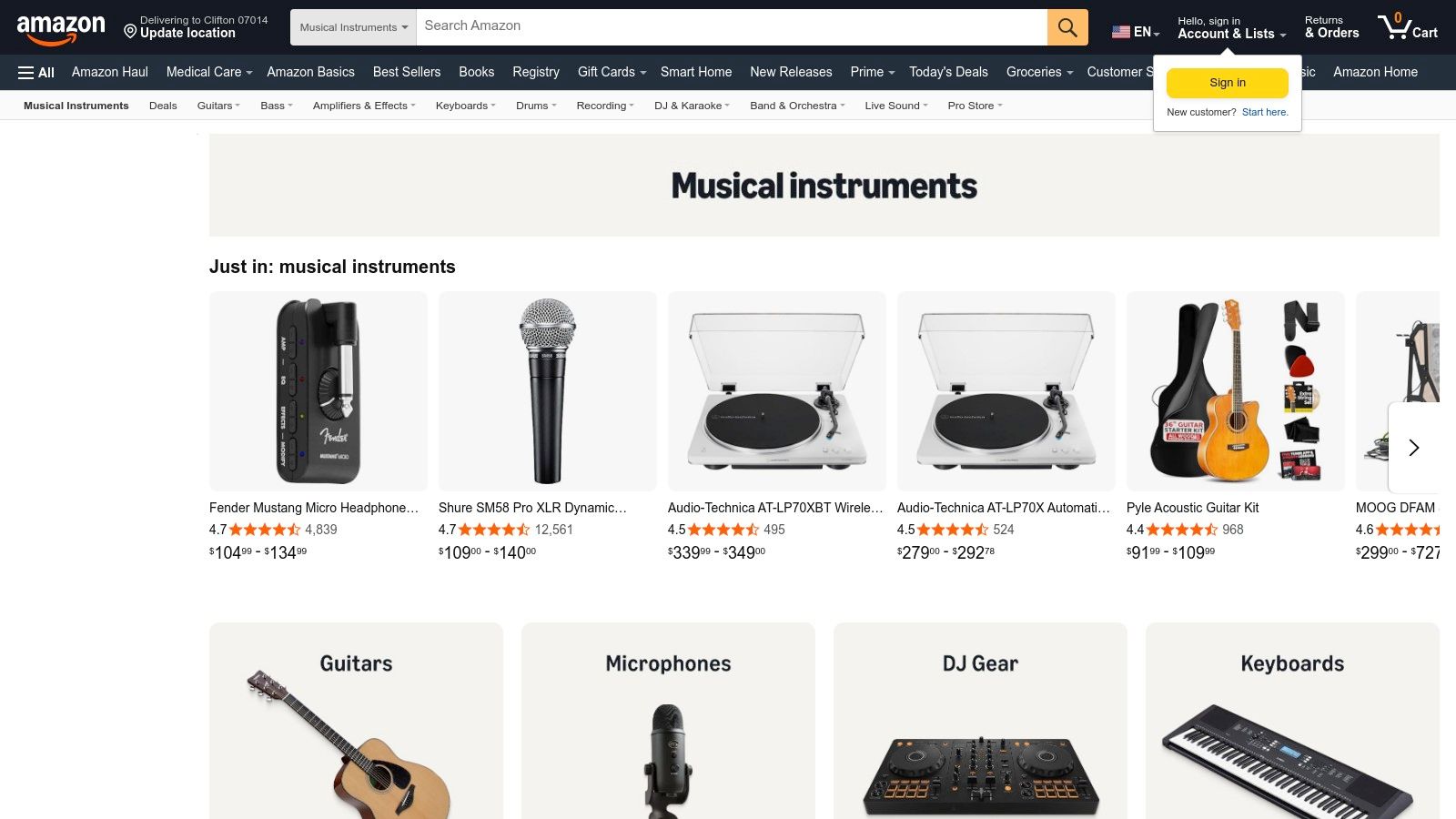 A screenshot of the Amazon Musical Instruments storefront, showing a variety of instruments like keyboards, guitars, and ukuleles available for purchase.