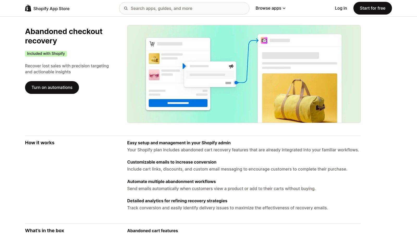 Shopify – Abandoned Checkout Recovery (built-in) + App Store