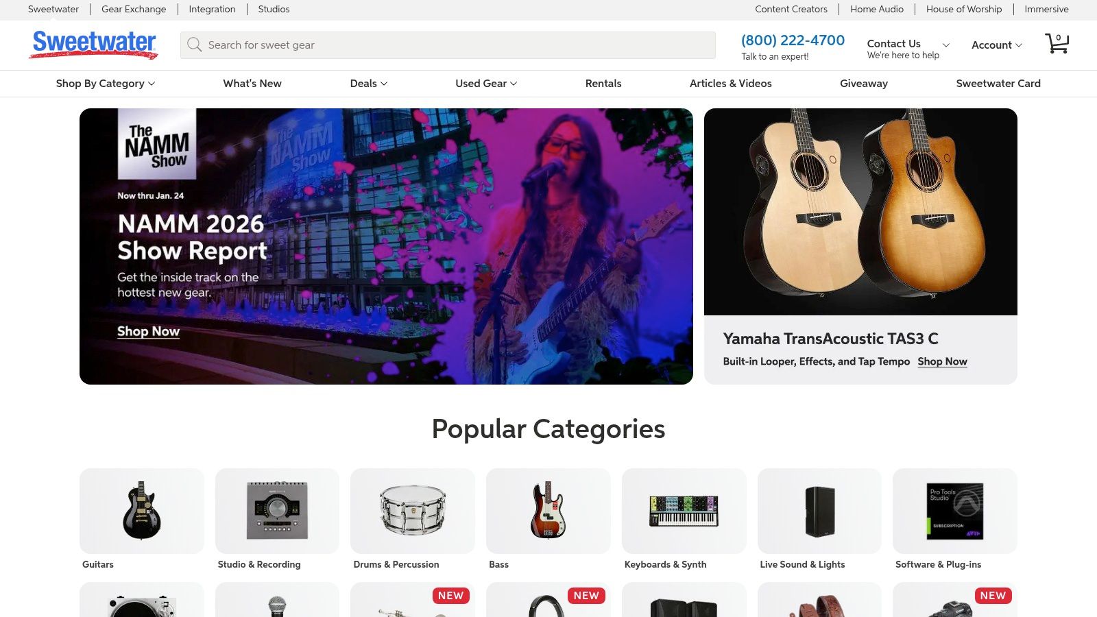 A screenshot of the Sweetwater website showcasing a selection of guitars and other musical instruments.