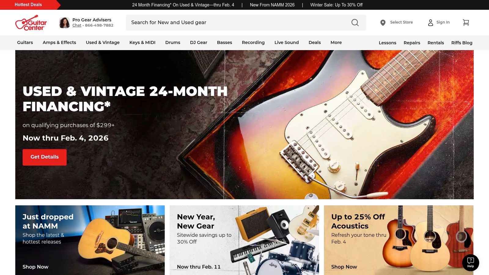 A screenshot of the Guitar Center website showing a selection of acoustic guitars in a grid layout.
