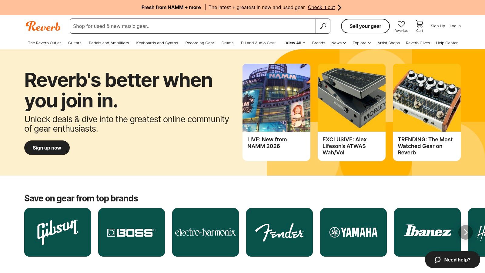 A screenshot of the Reverb website homepage, showcasing a search bar and various categories of musical instruments like guitars, pedals, and amps.