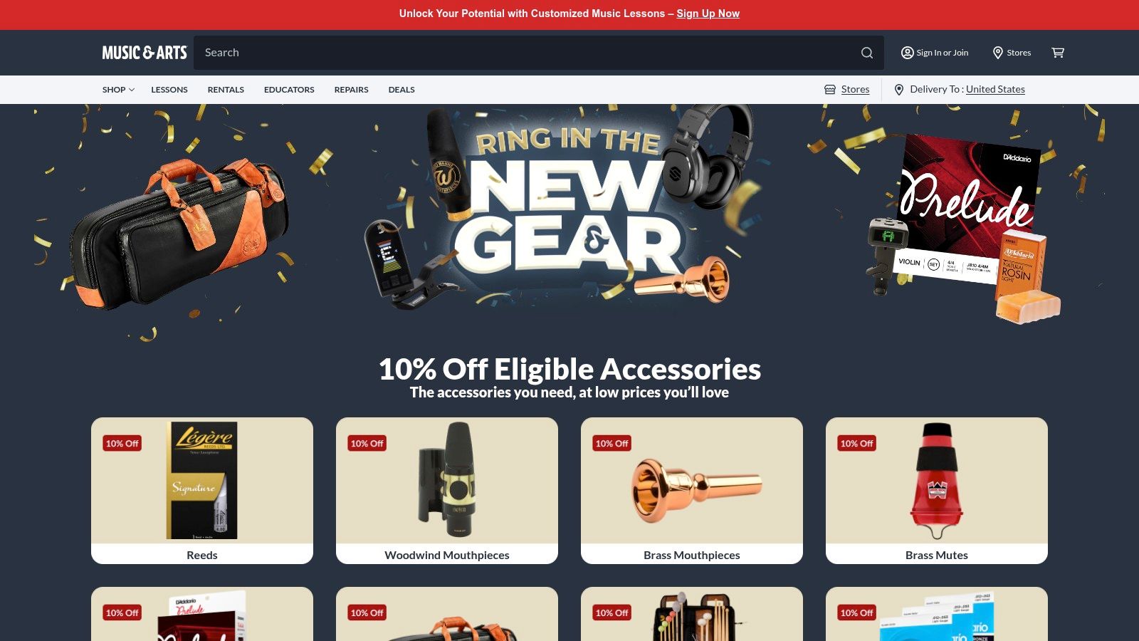 A screenshot of the Music & Arts website showcasing a selection of violins and other string instruments.