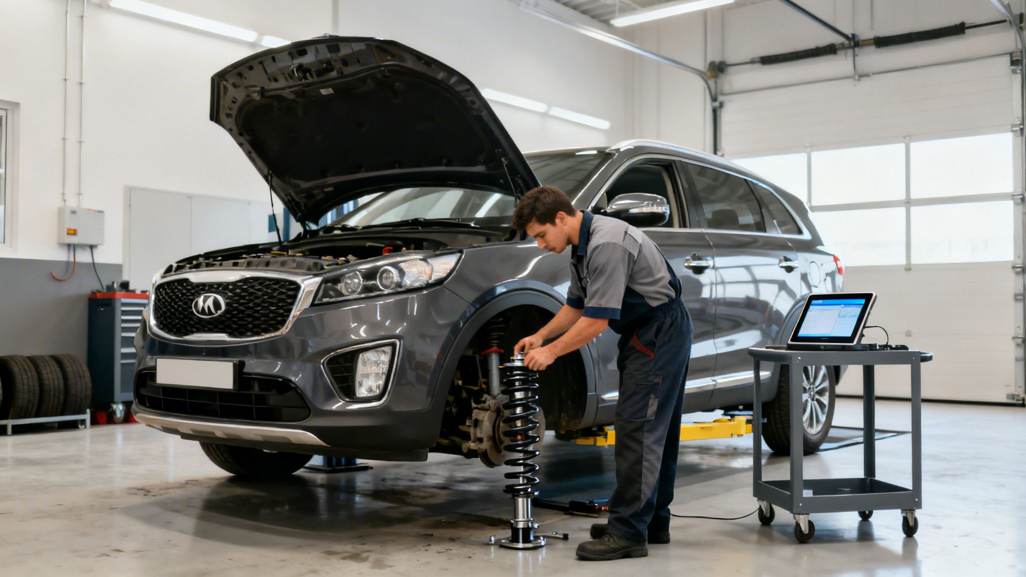 Mecánico trabajando en un SUV Kia Sorento gris en un taller, ajustando la suspensión delantera con herramientas.