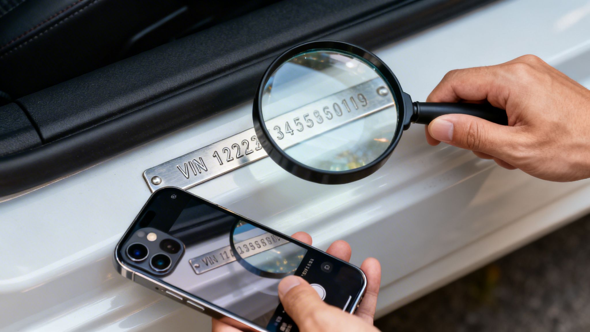 Persona examinando el número VIN de un coche con una lupa y fotografiándolo con un smartphone.