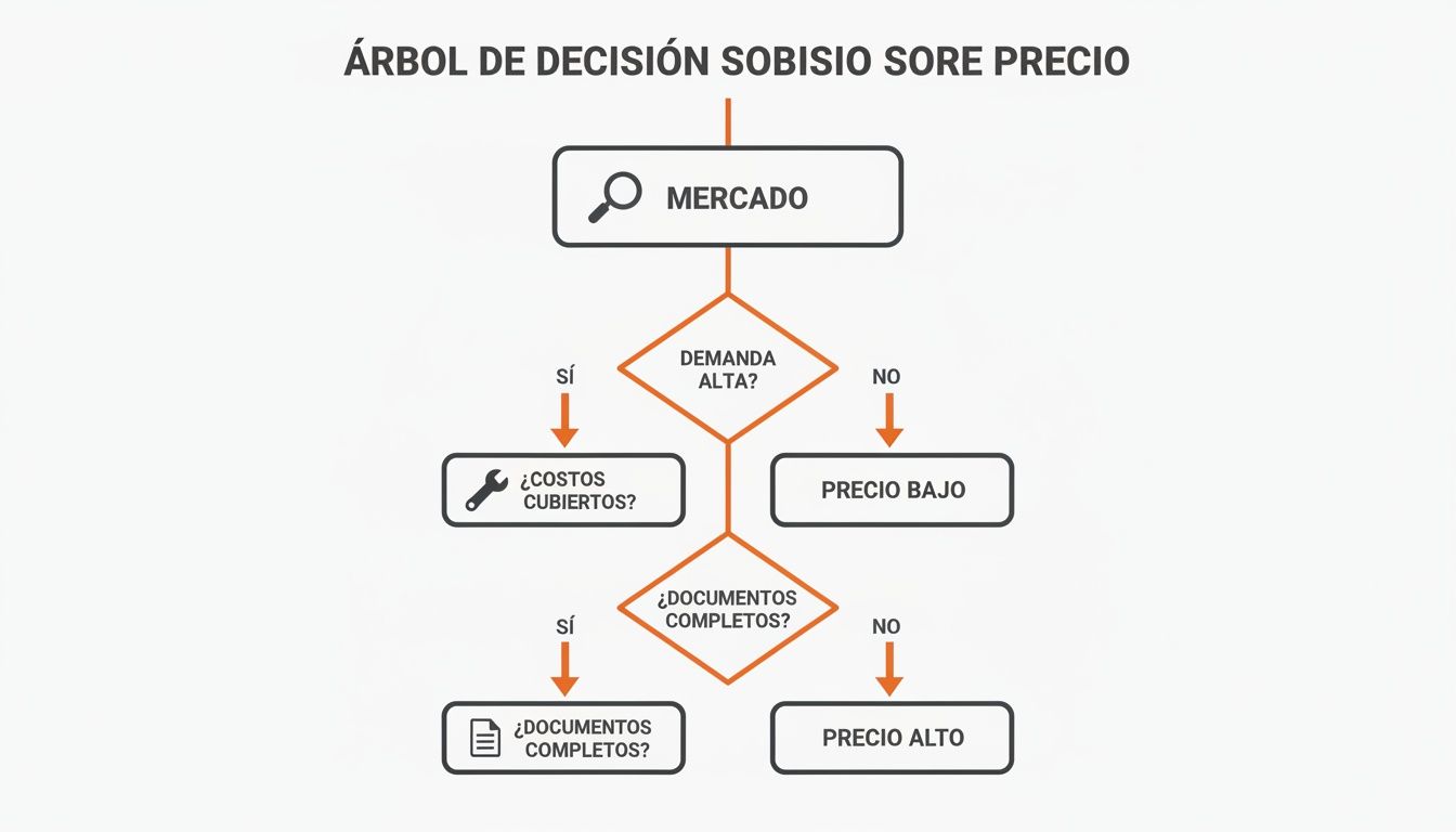 Diagrama de árbol de decisión sobre el precio: evalúa demanda, costos y documentos para establecer precio alto o bajo.