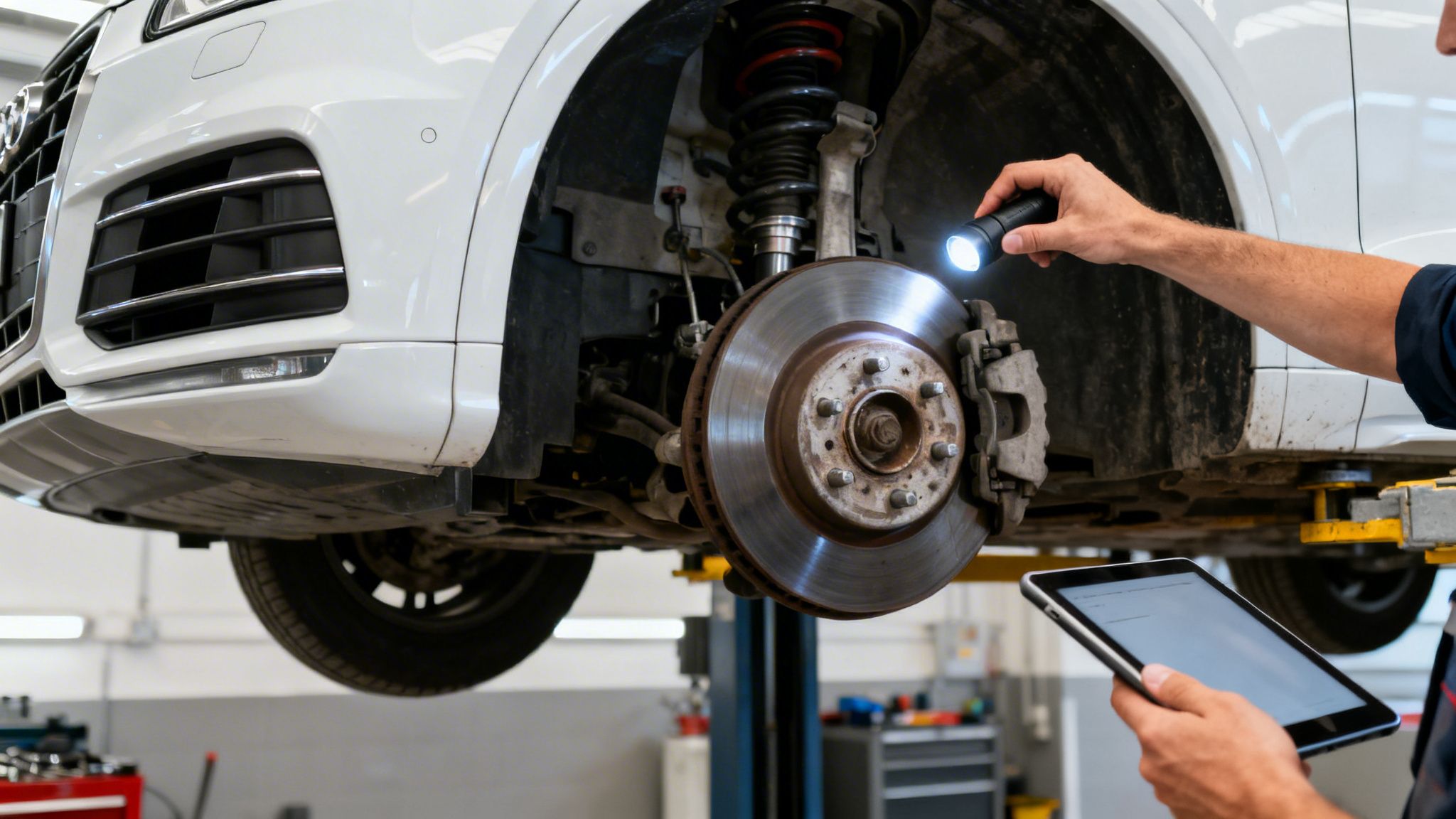 Mecánico inspeccionando los frenos de un Audi Q5 blanco elevado en un taller, usando linterna y tablet.