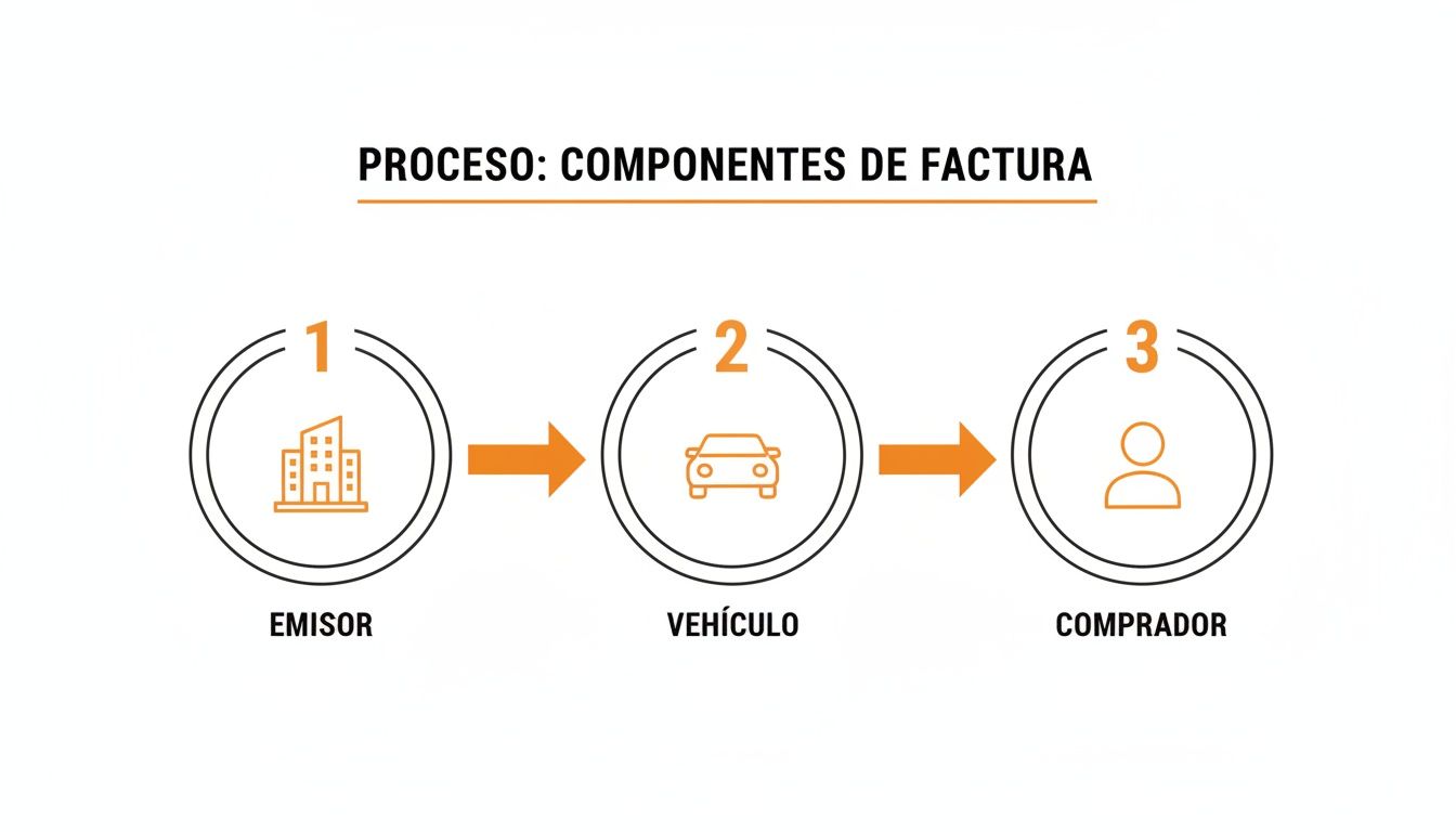 Diagrama de proceso de componentes de factura mostrando emisor, vehículo y comprador en tres pasos.
