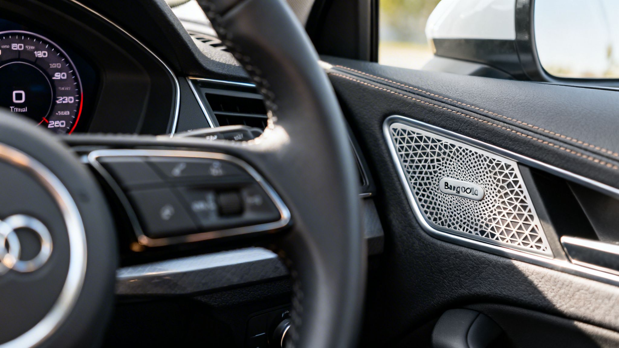 Interior de un coche Audi, mostrando el volante, el velocímetro a cero y un altavoz Bang & Olufsen en la puerta.