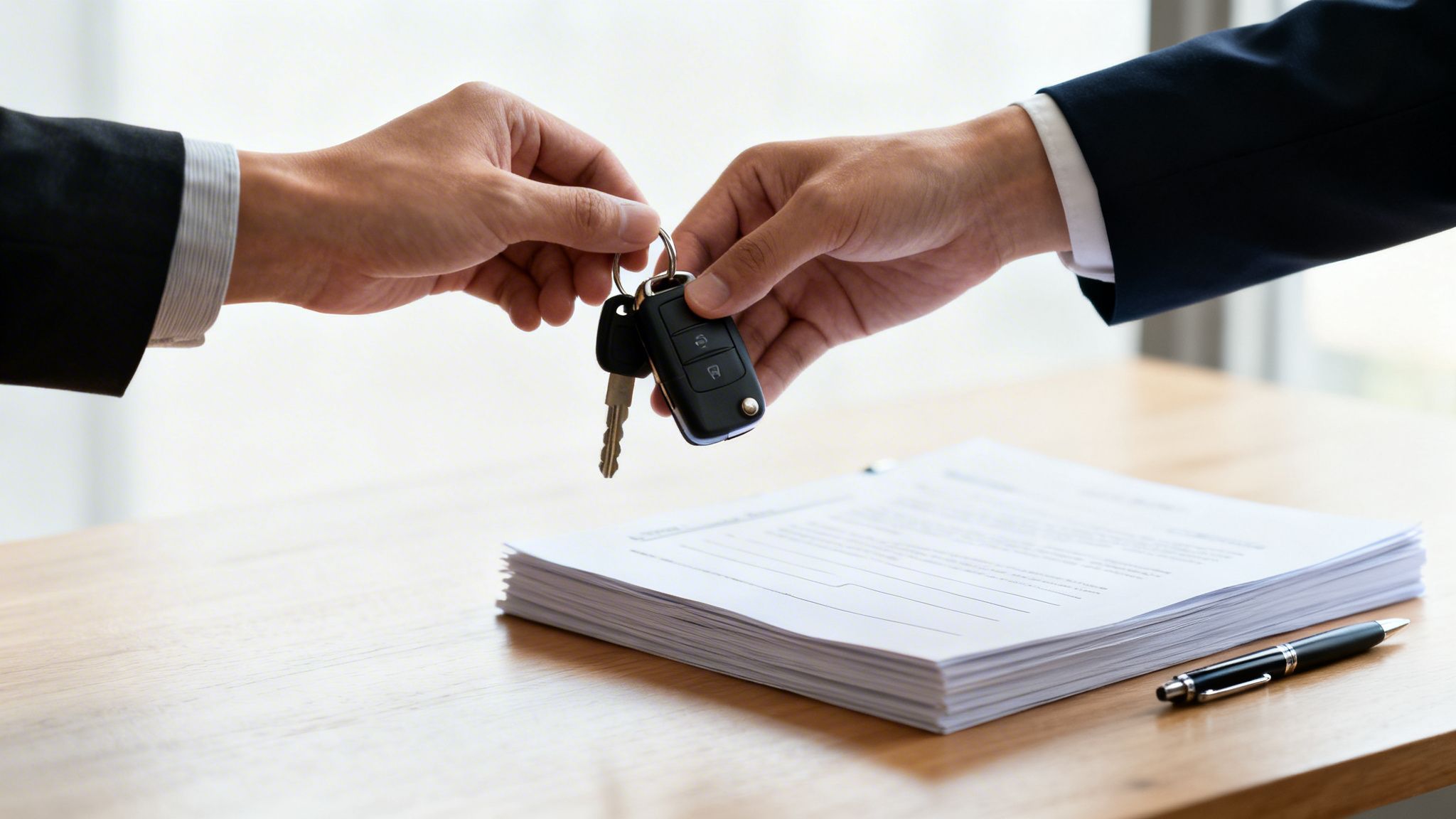 Dos manos intercambian llaves de coche sobre un escritorio con documentos, simbolizando una venta o entrega.