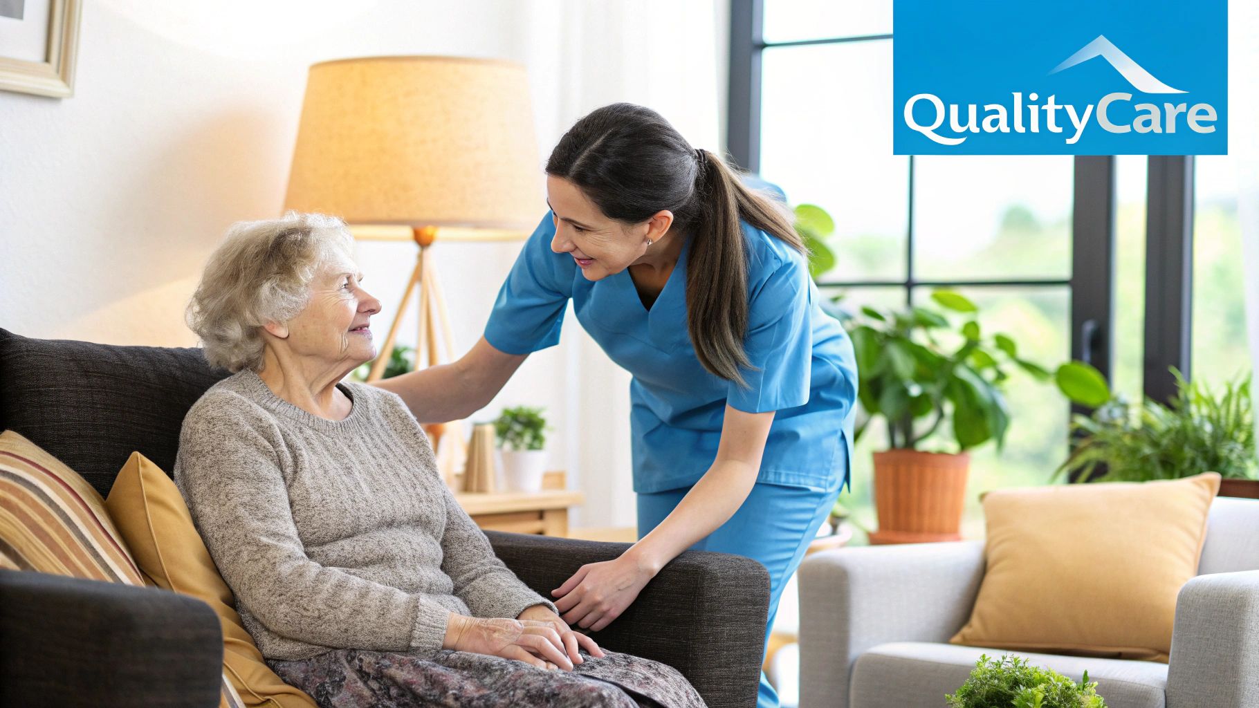 A compassionate carer helping an elderly woman with daily tasks at home.