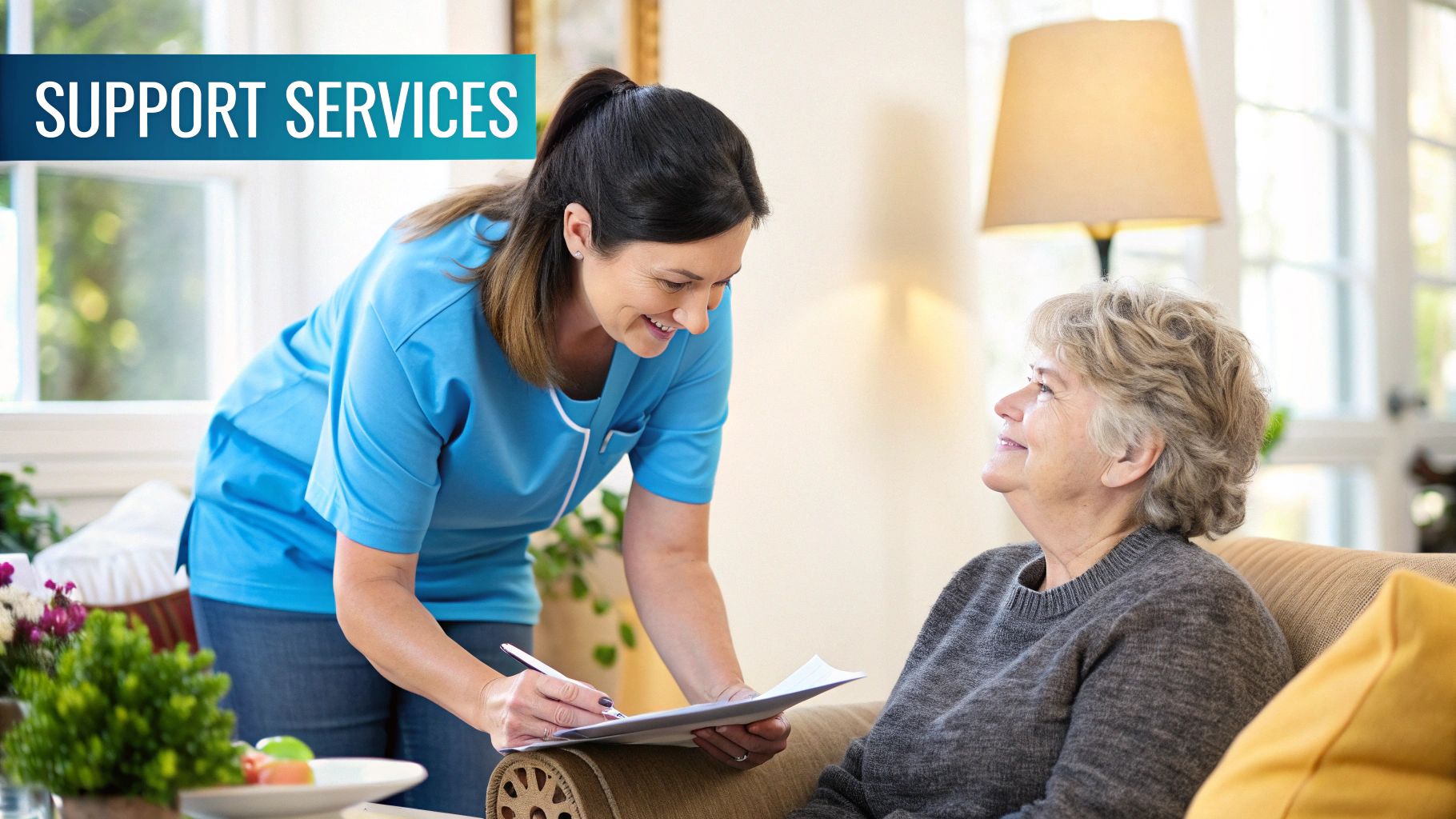 A support worker and a person with a disability looking at a tablet together in a comfortable, well-lit home.