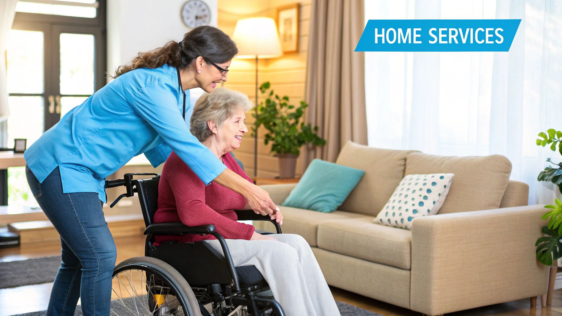 A support worker assisting an older woman with a tablet in her living room.