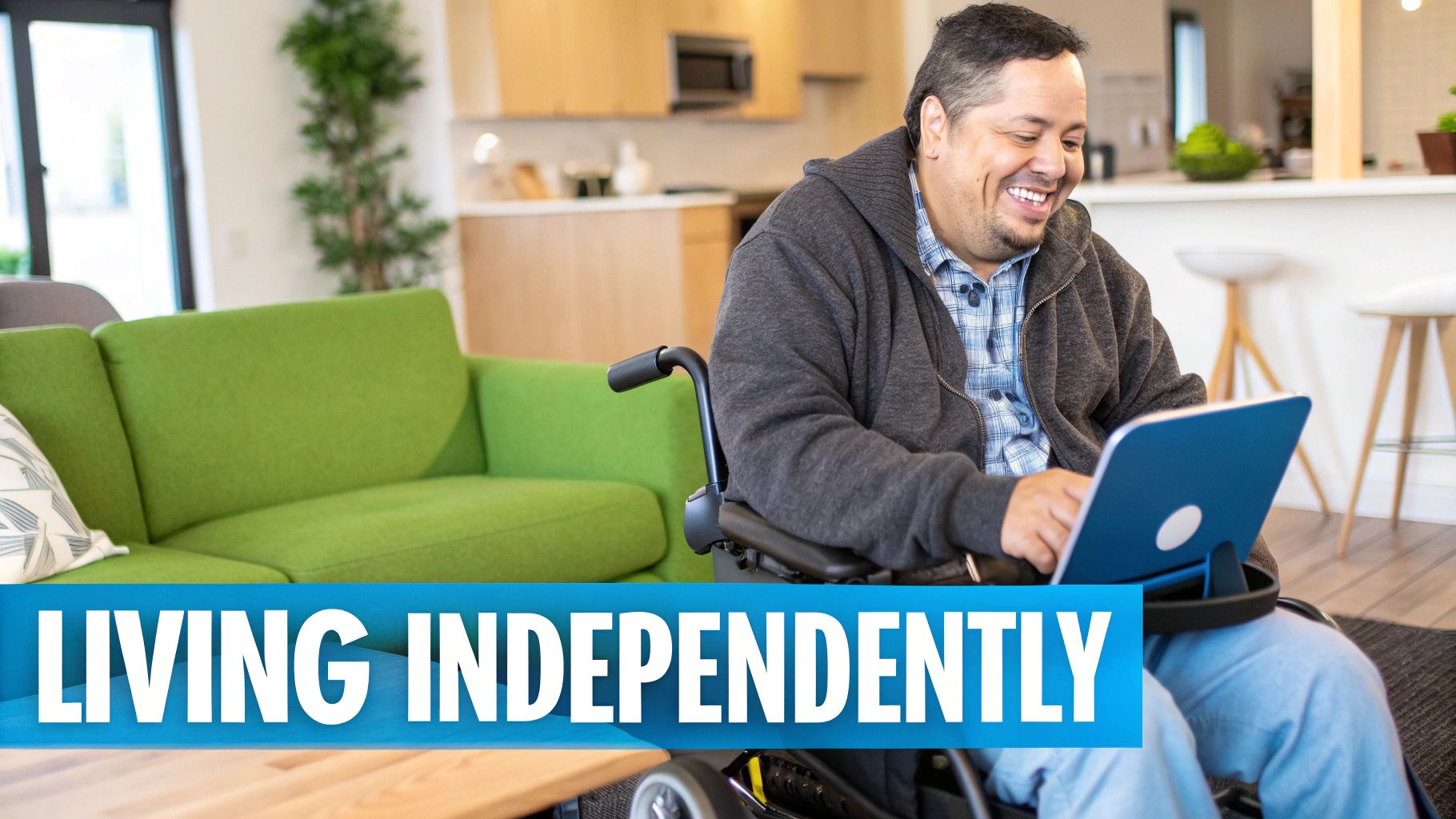 Older adult and a support worker smiling together in a garden