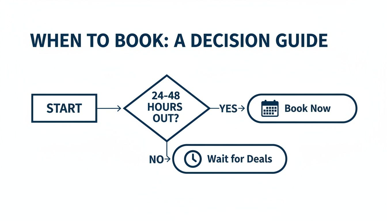 Flowchart illustrating when to book: if 24-48 hours out, book now; otherwise, wait for deals.