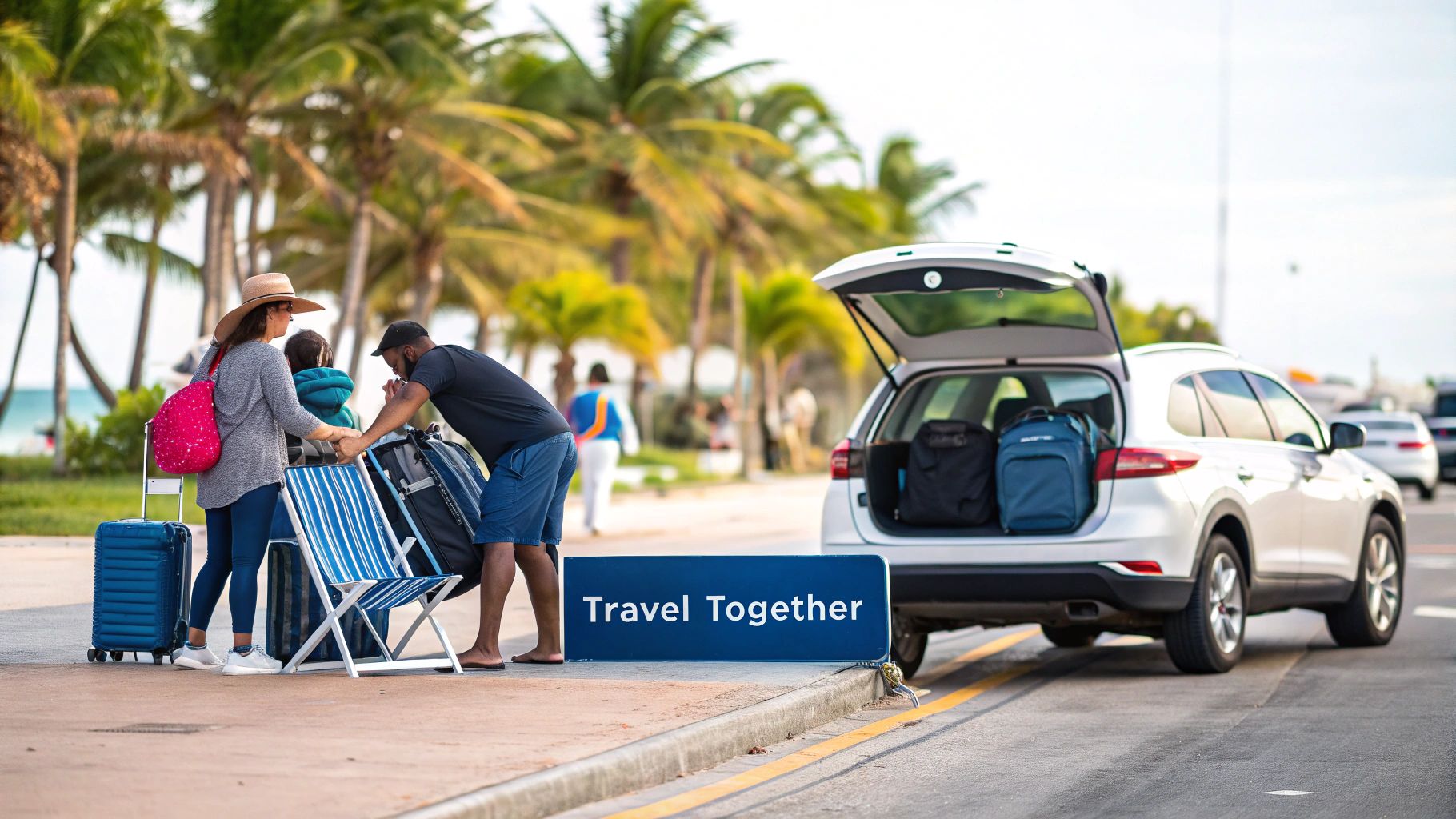 Family loads luggage and beach chairs into a white SUV for a tropical vacation.