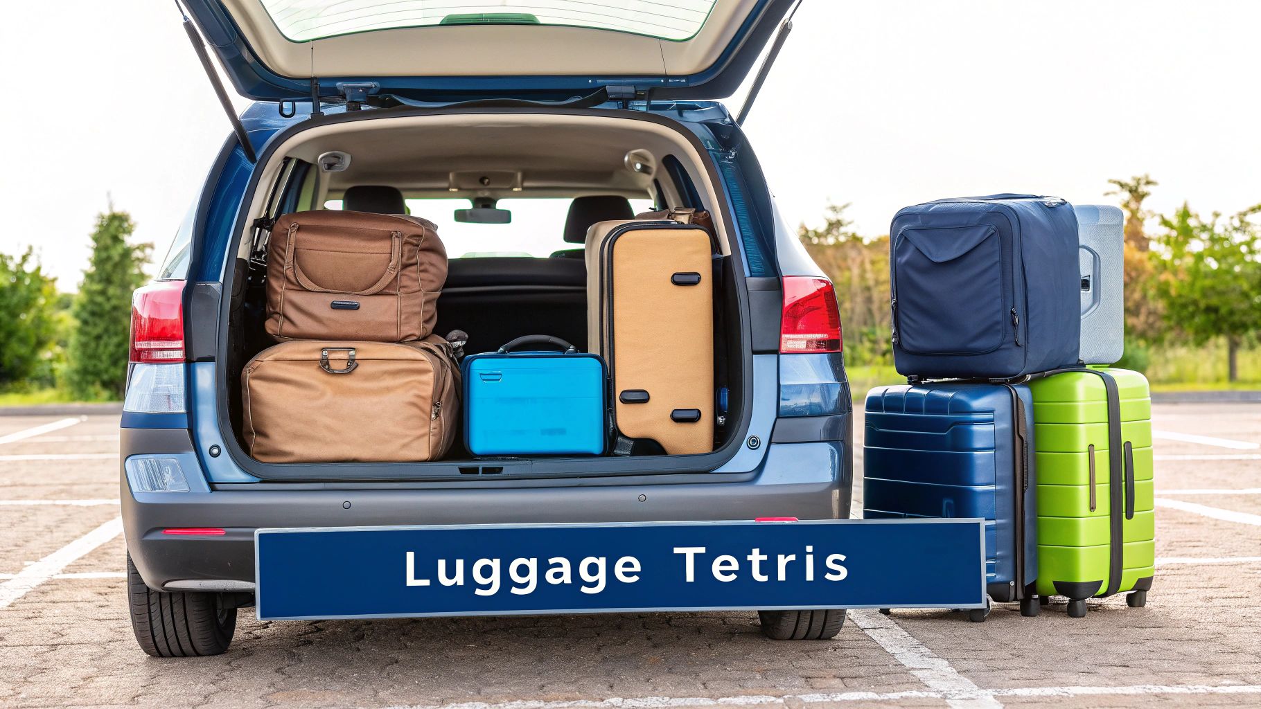 A blue SUV's open trunk is filled with various bags and suitcases, with more stacked beside it.
