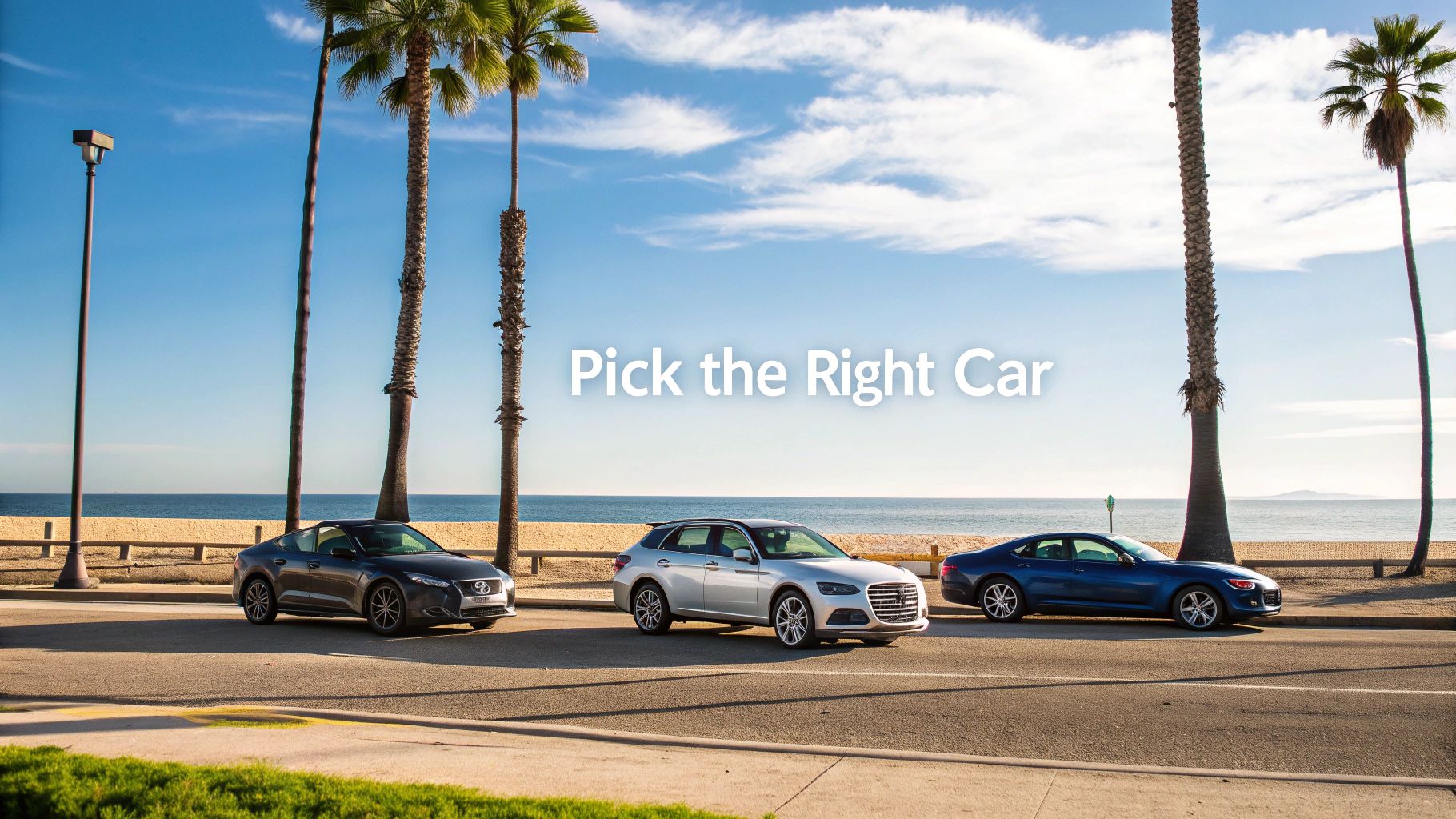 Three diverse cars parked along a sunny beach road with palm trees and a clear ocean view.