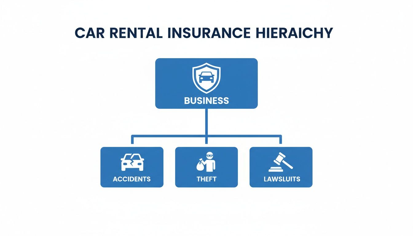 A car rental insurance hierarchy diagram showing business insurance covering accidents, theft, and lawsuits.