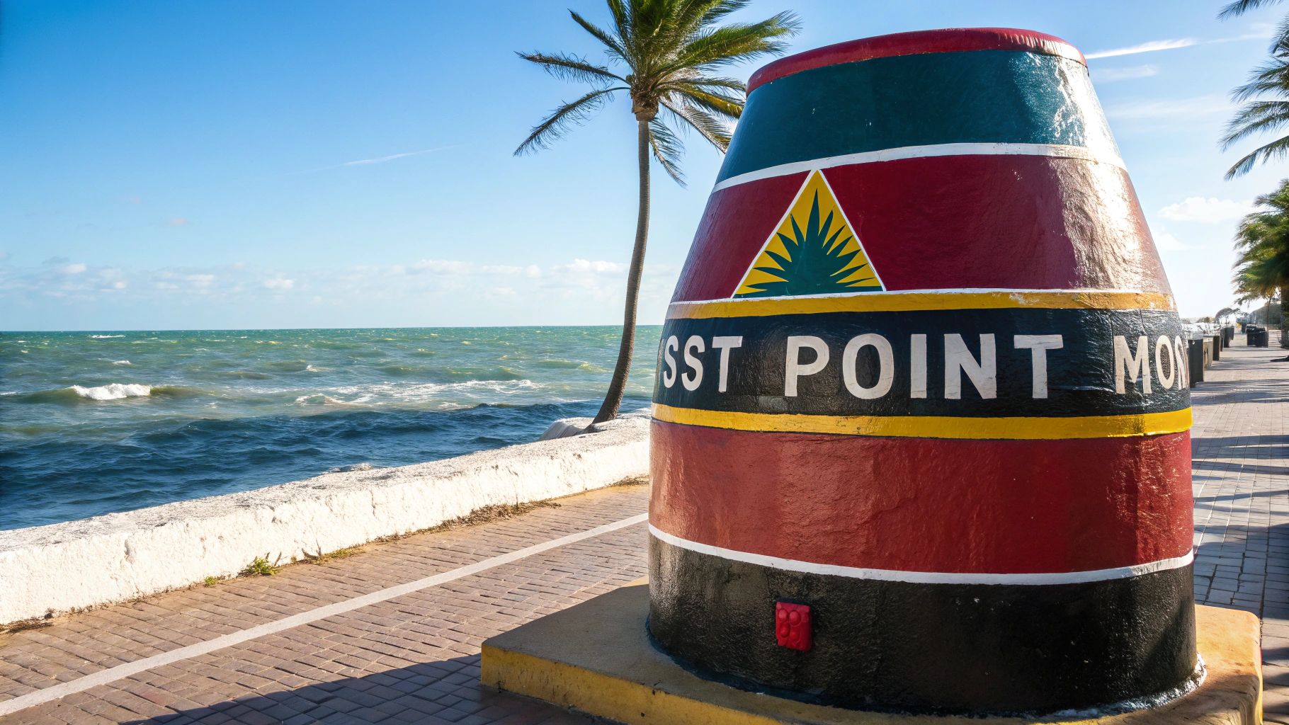 Colorful Southernmost Point buoy marker in Key West overlooking the Atlantic Ocean coastline