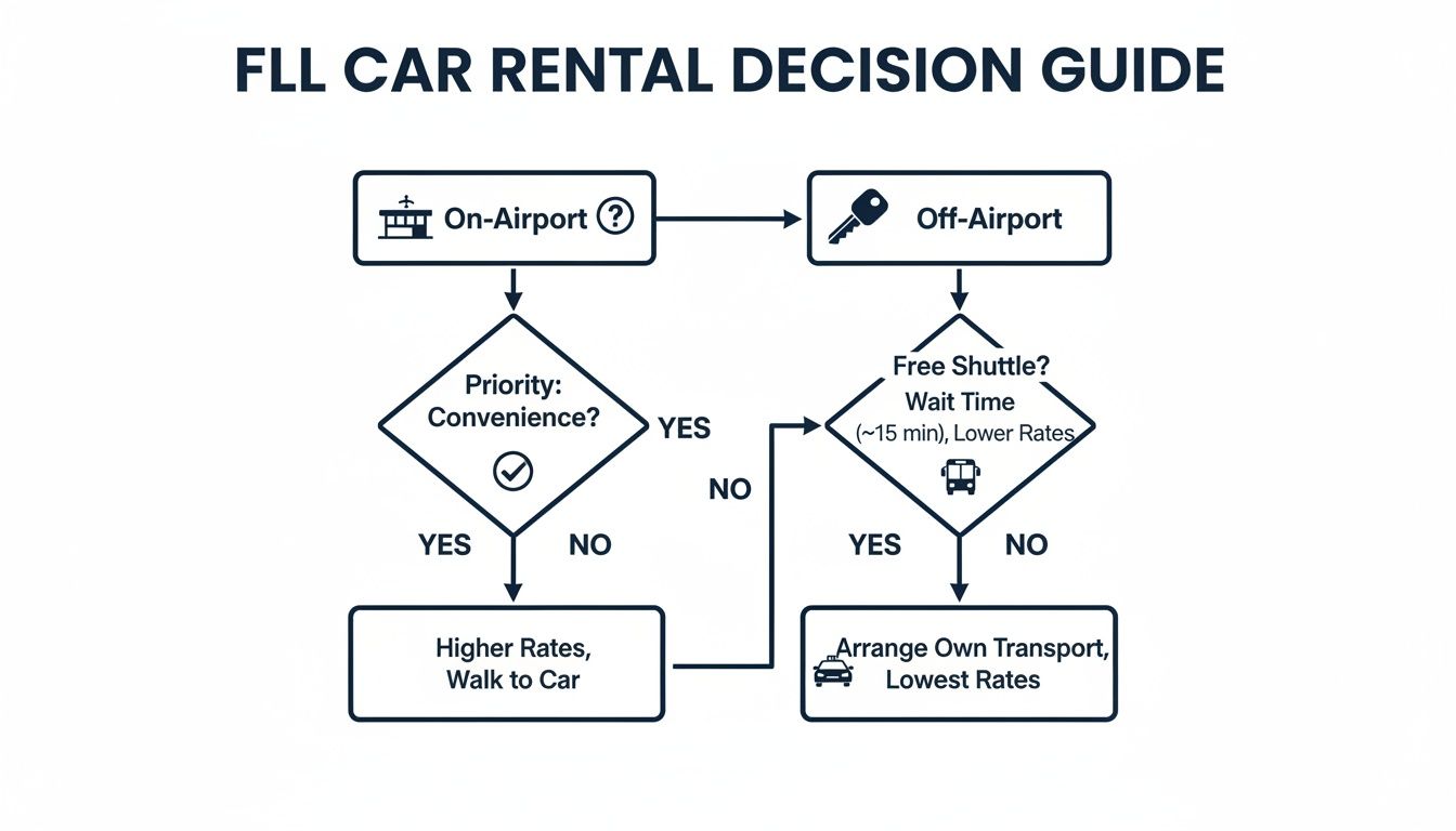 Flowchart guiding FLL car rental decisions, comparing on-airport vs. off-airport options based on convenience, shuttle, and rates.