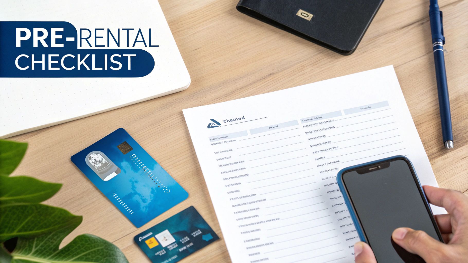 A pre-rental checklist notebook, credit cards, smartphone, and document on a wooden desk, symbolizing rental preparation.
