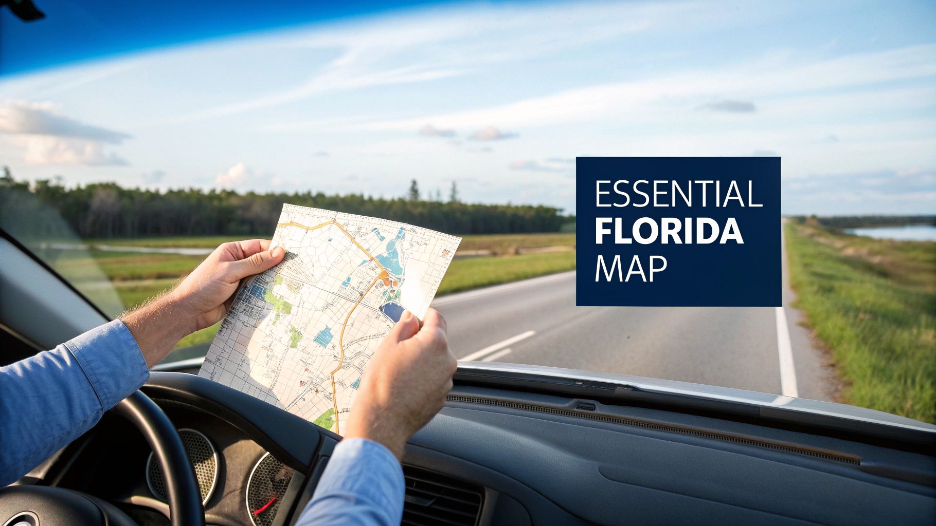 A person's hands holding an essential Florida map inside a car on a road trip.