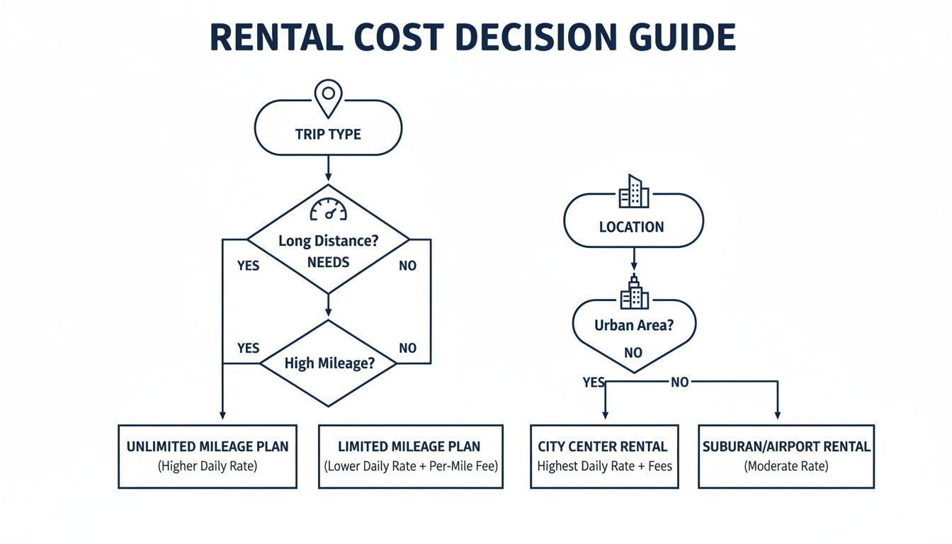 Flowchart illustrating rental cost decisions based on trip type, mileage needs, and rental location.