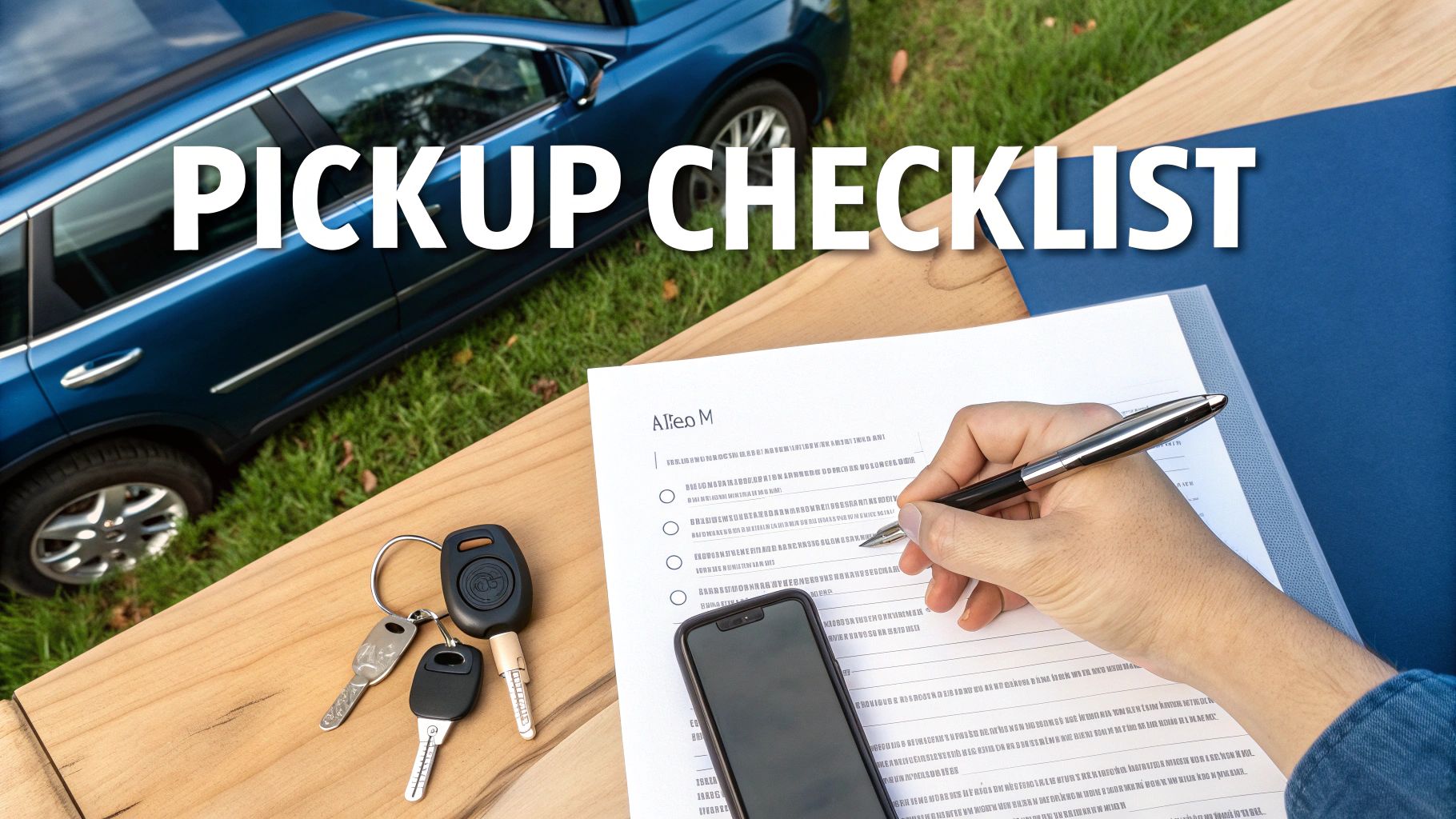 Person completing a pickup checklist for a blue car rental with keys and phone.