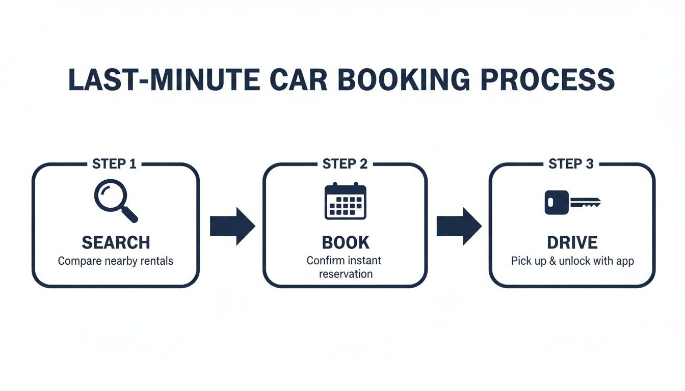 Infographic illustrating a three-step last-minute car booking process: search, book, and drive.