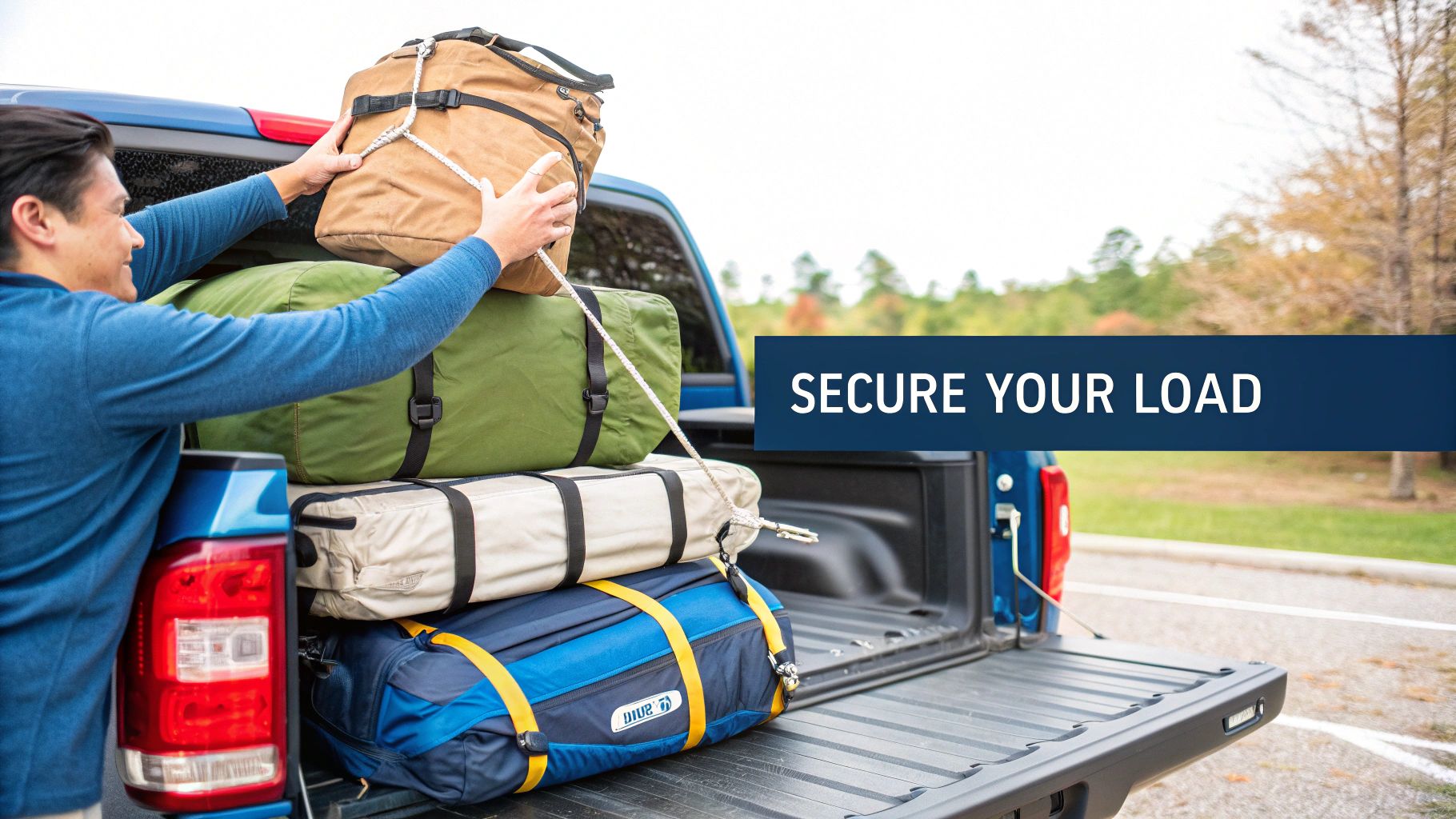 A person is loading multiple duffel bags into the bed of a blue pickup truck, preparing to secure the load with ropes.