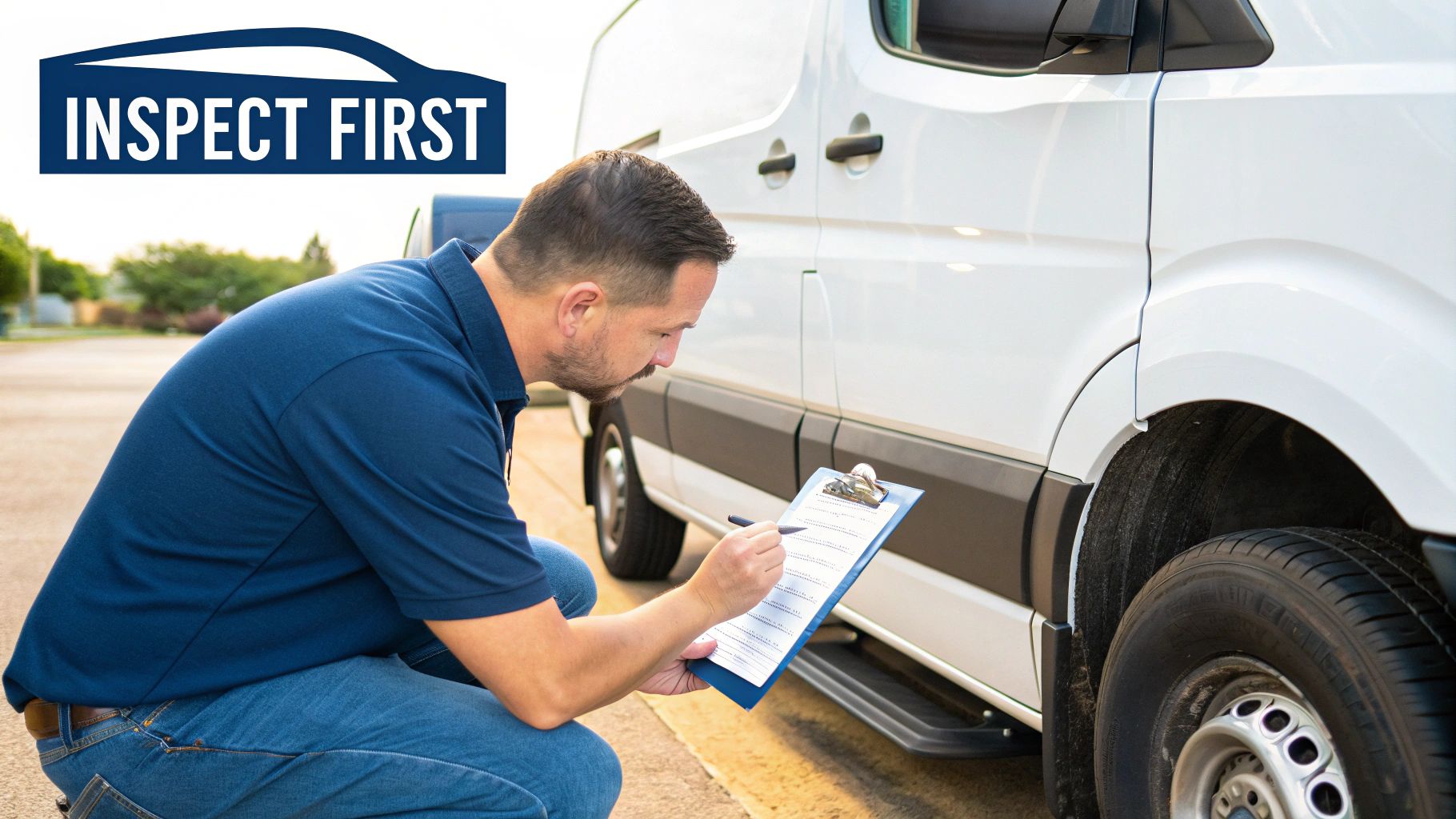 A man in a blue shirt crouches, inspecting a white van and writing on a clipboard.